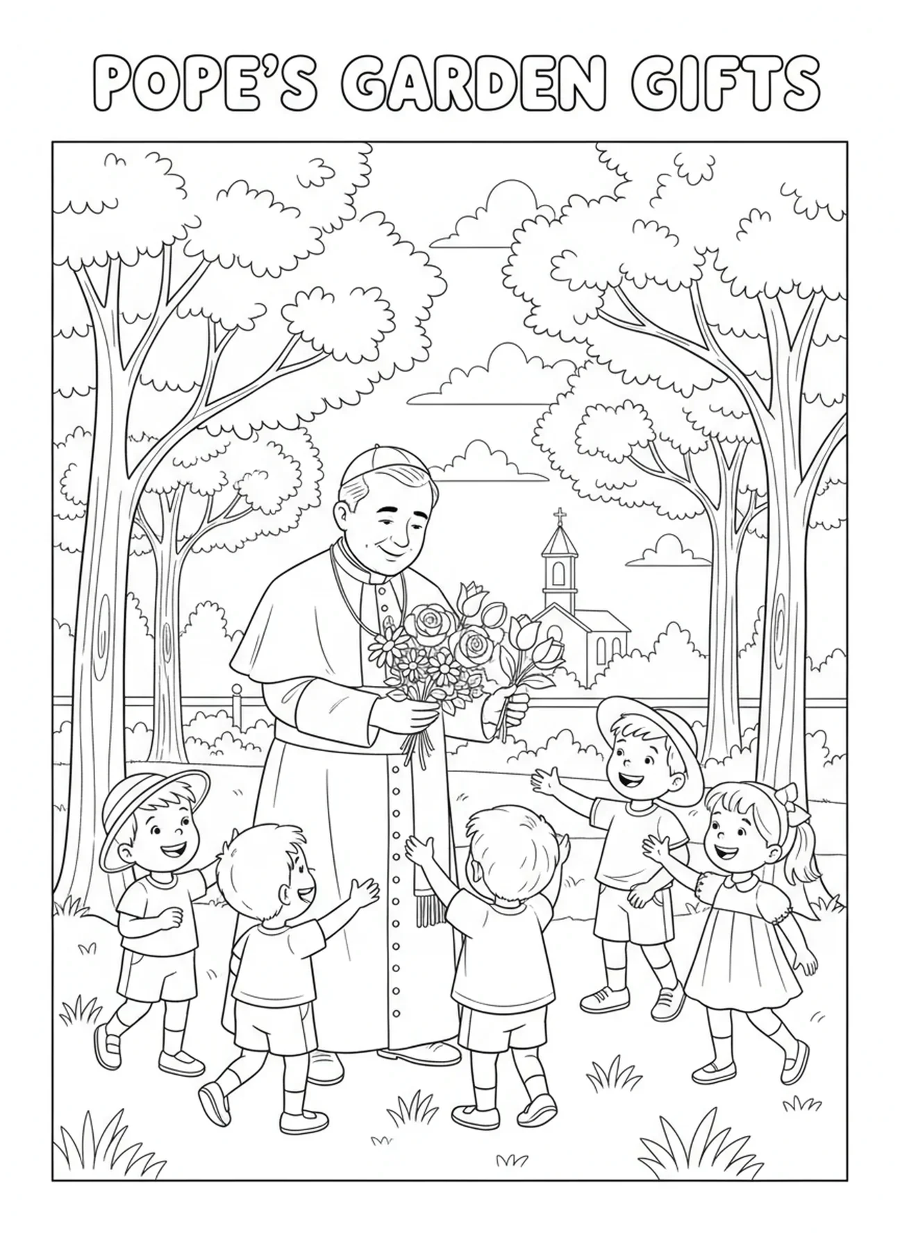 Le Pape Pie X répandant l'amour, page de coloriage de Saint Pie X pour les enfants de 5 à 10 ans
