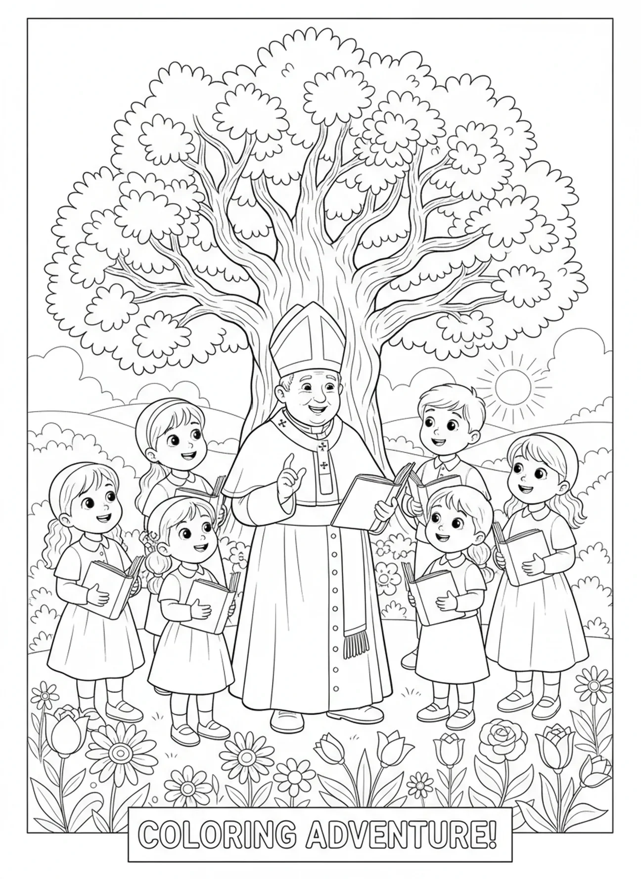 Le Pape Pie X enseignant aux enfants, page à colorier de St Pie X pour les enfants de 5 à 10 ans