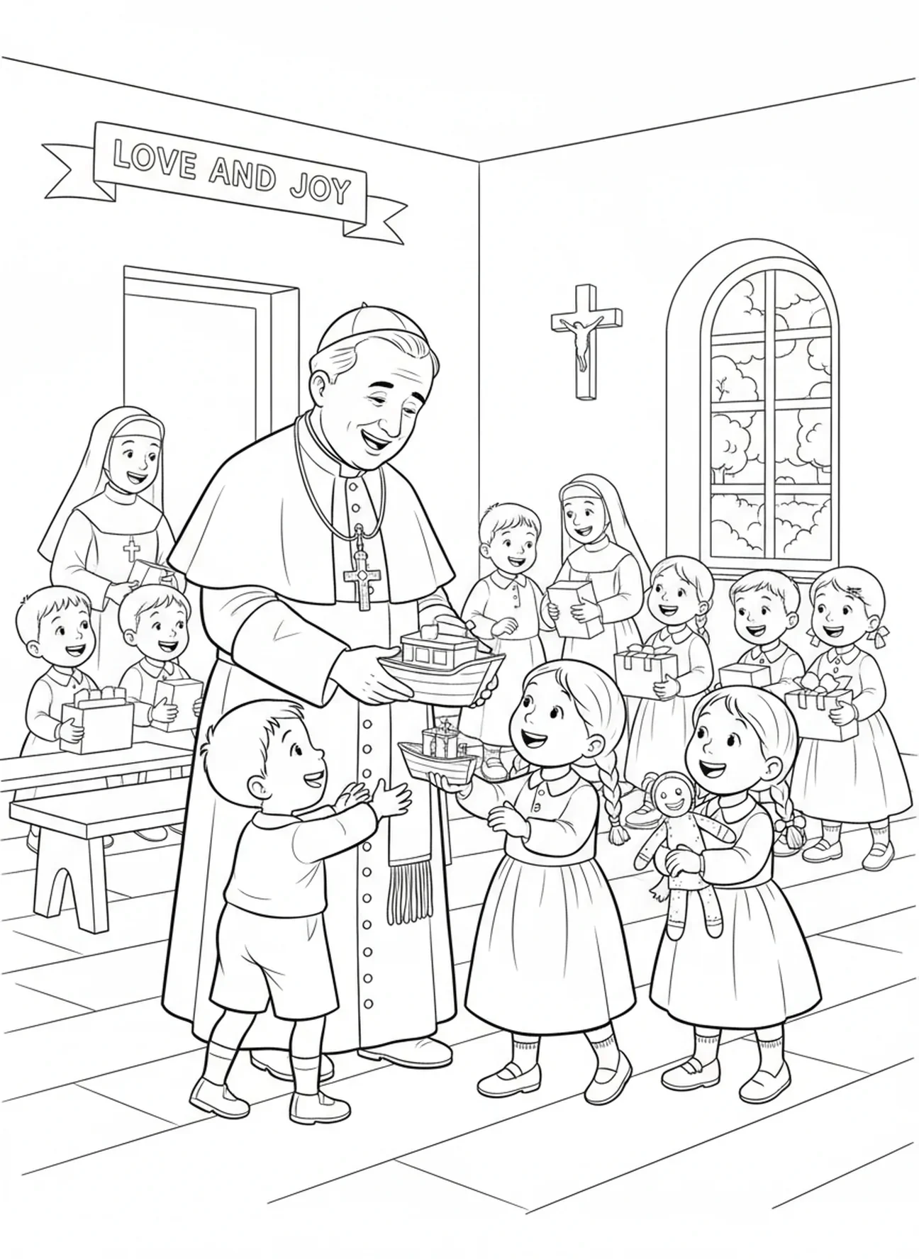 Le Pape Pie X visitant des orphelins, page à colorier de Saint Pie X pour les enfants de 5 à 10 ans