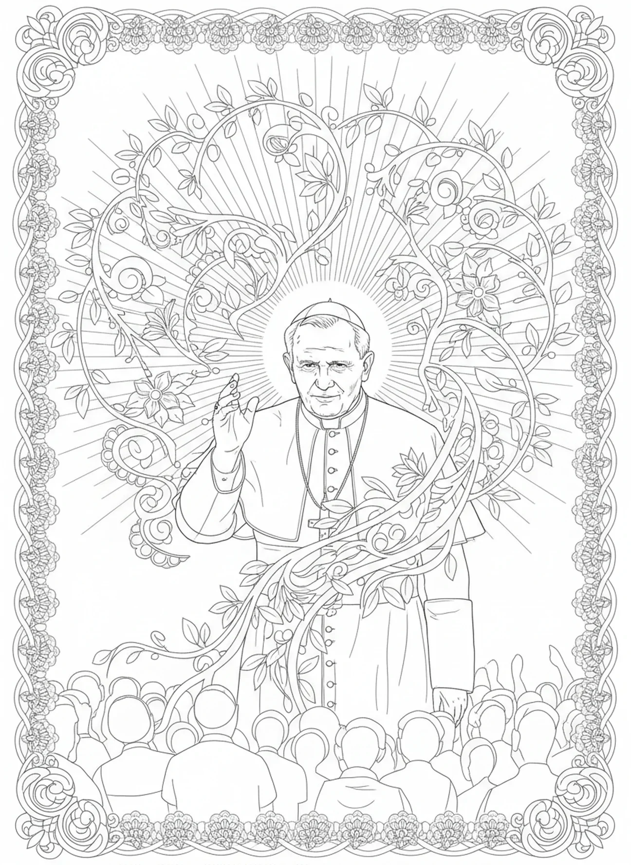 Papa João Paulo II abençoando uma multidão, página para colorir do São João Paulo II no estilo de journaling bíblico para adultos.