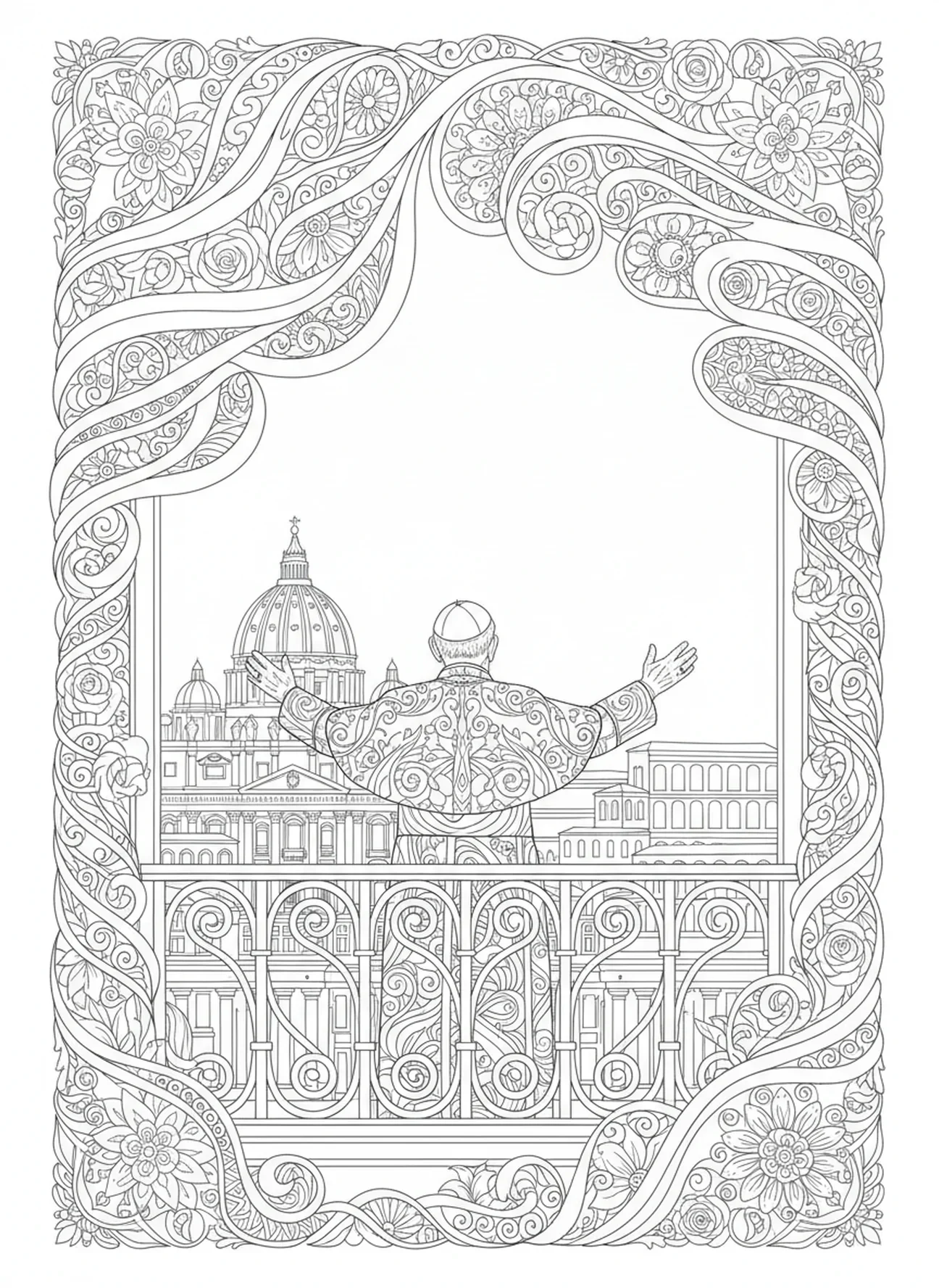 Papa João Paulo II na varanda do Vaticano, página de colorir do São João Paulo II para adultos no estilo de journaling bíblico.