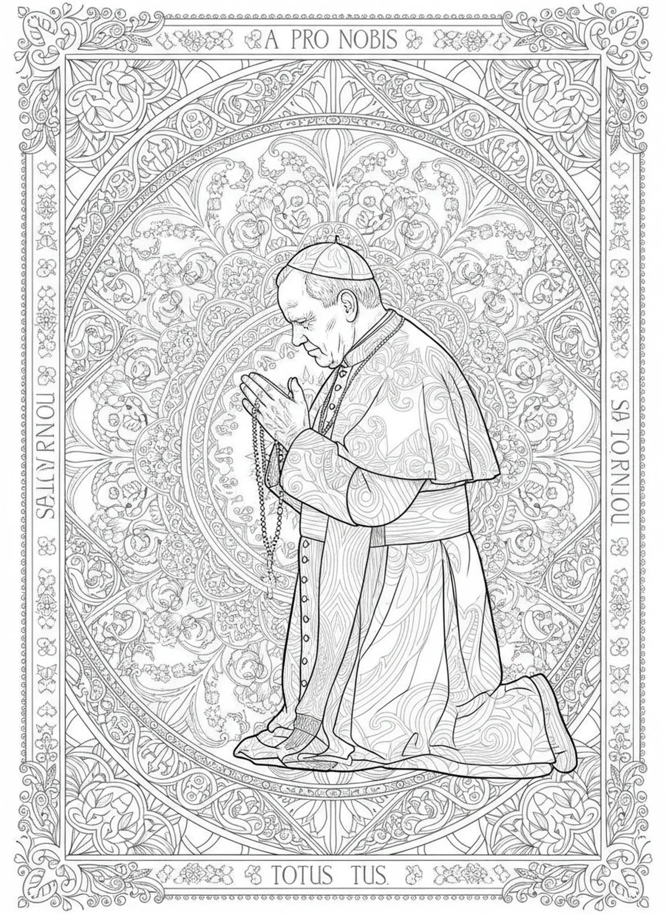 Papa João Paulo II em oração, página para colorir do Santo Papa João Paulo no estilo de journaling bíblico para adultos.