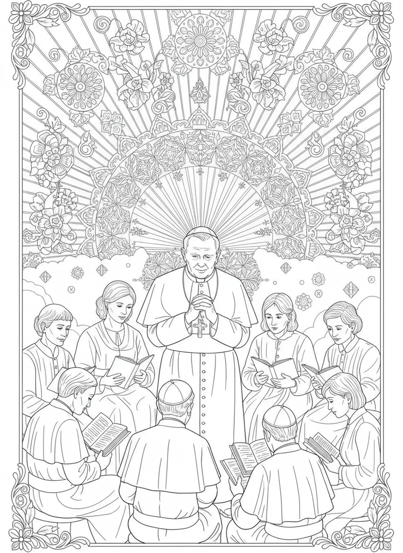Papa João Paulo II ensinando um grupo, página de colorir do São João Paulo II para adultos no estilo de journaling bíblico.