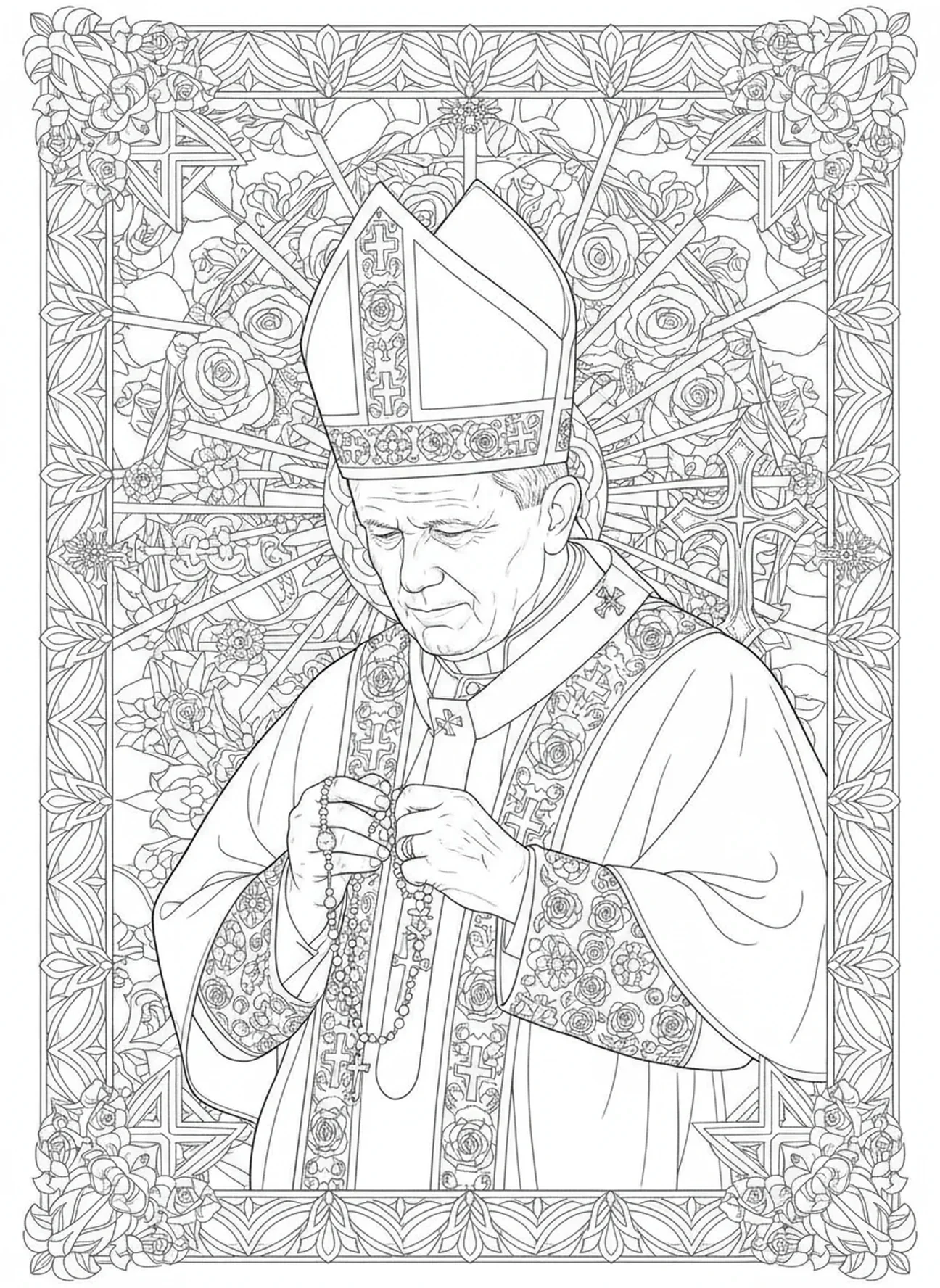 Papa João Paulo II segurando um terço, página de colorir do Santo Papa João Paulo para adultos no estilo de journaling bíblico.