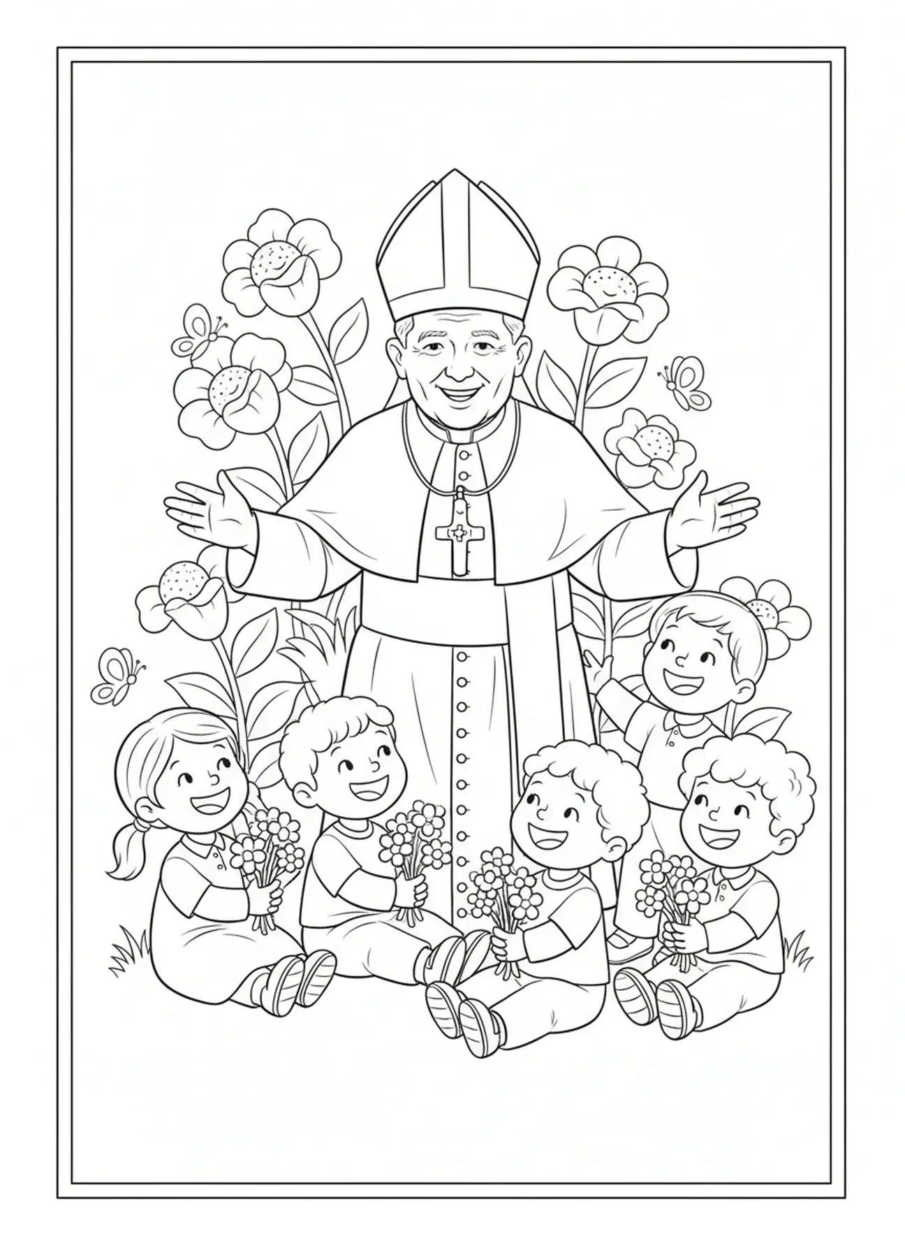 Paus Johannes Paulus II die kinderen zegent, kleurplaat van St. Paus Johannes Paulus voor kinderen van 5-10 jaar