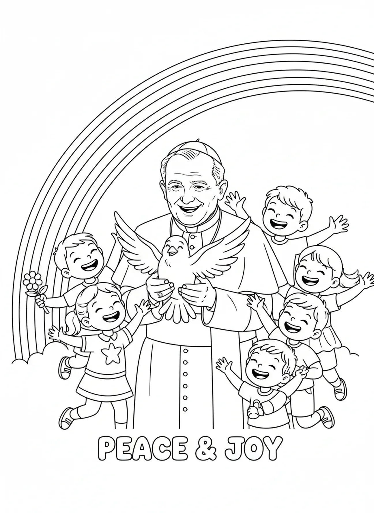 Paus Johannes Paulus II met een vredesduif, kleurplaat van St. Paus Johannes Paulus voor kinderen van 5-10 jaar