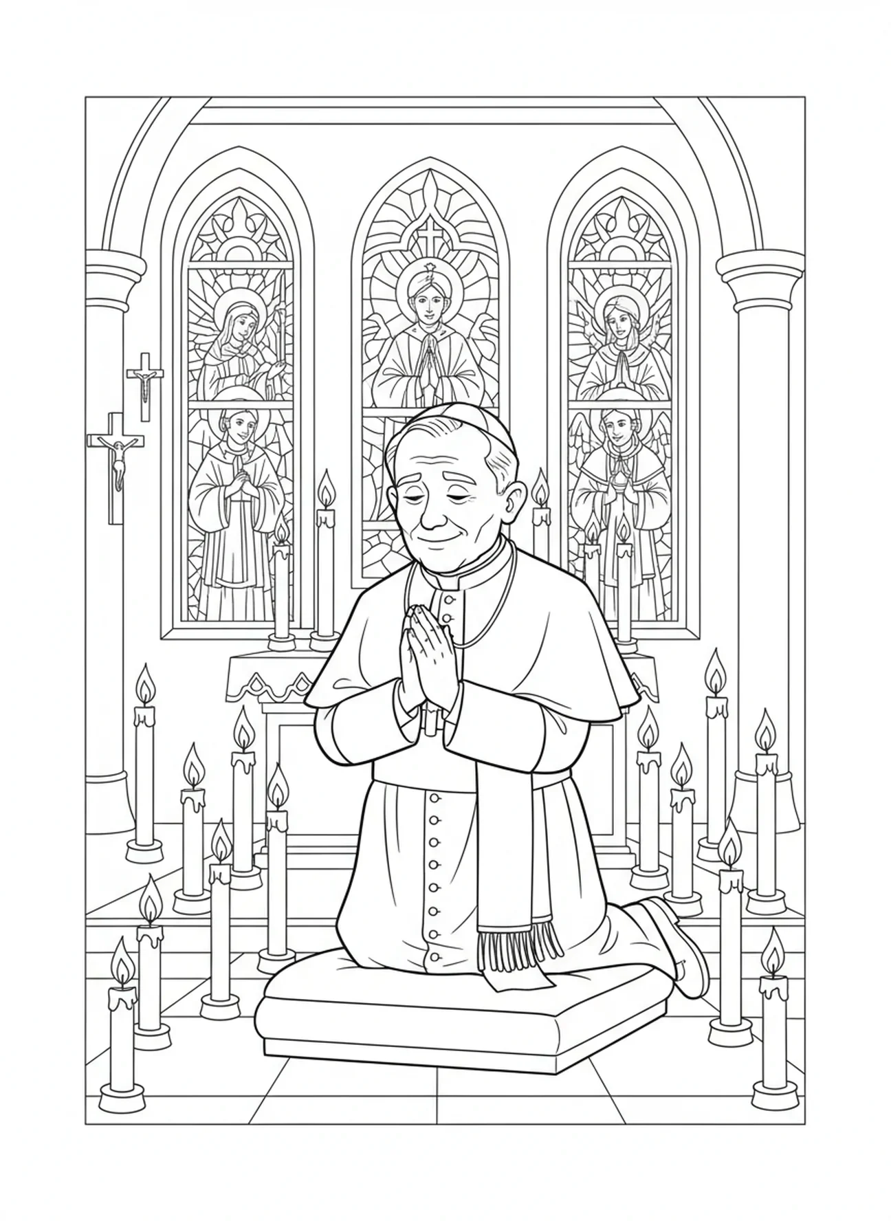 Paulus Johannes II die in de kerk bidt, kleurplaat van St. Paulus Johannes II voor kinderen van 5-10 jaar