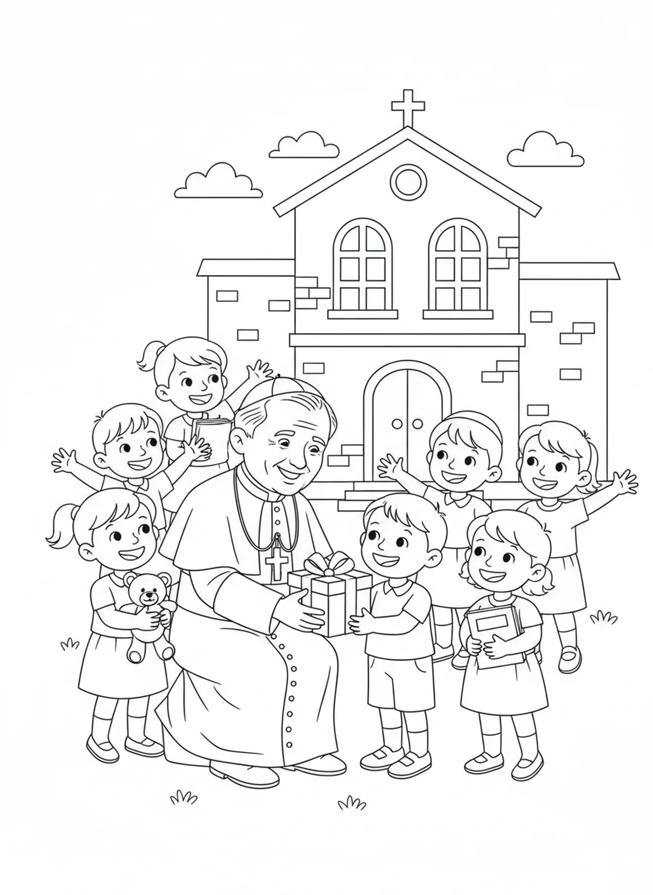 Paus Johannes Paulus II die wezen bezoekt, kleurplaat van St. Paus Johannes Paulus voor kinderen van 5-10 jaar