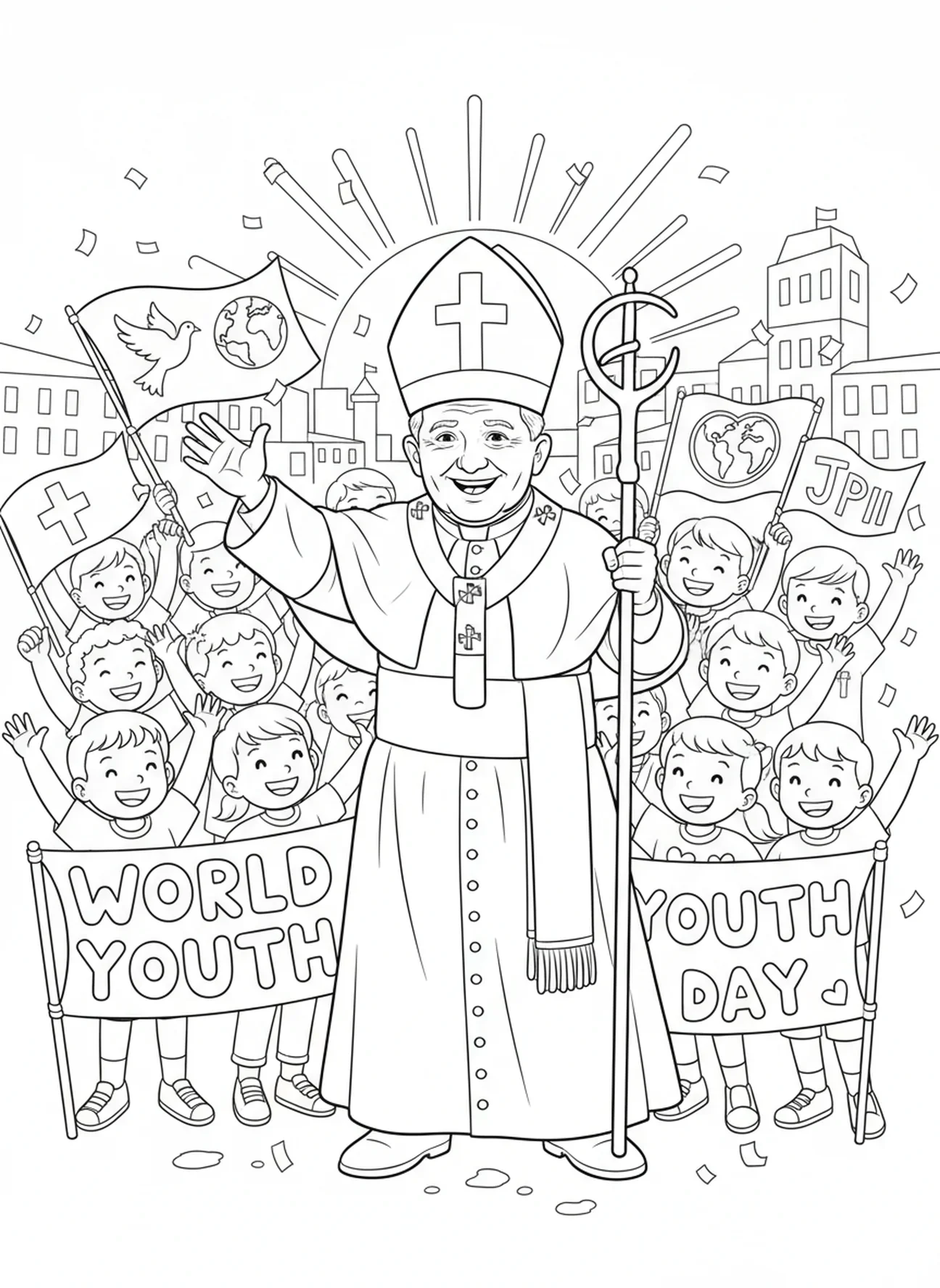Paus Johannes Paulus II op Wereldjongerendag, kleurplaat van St. Paus Johannes Paulus voor kinderen van 5-10 jaar