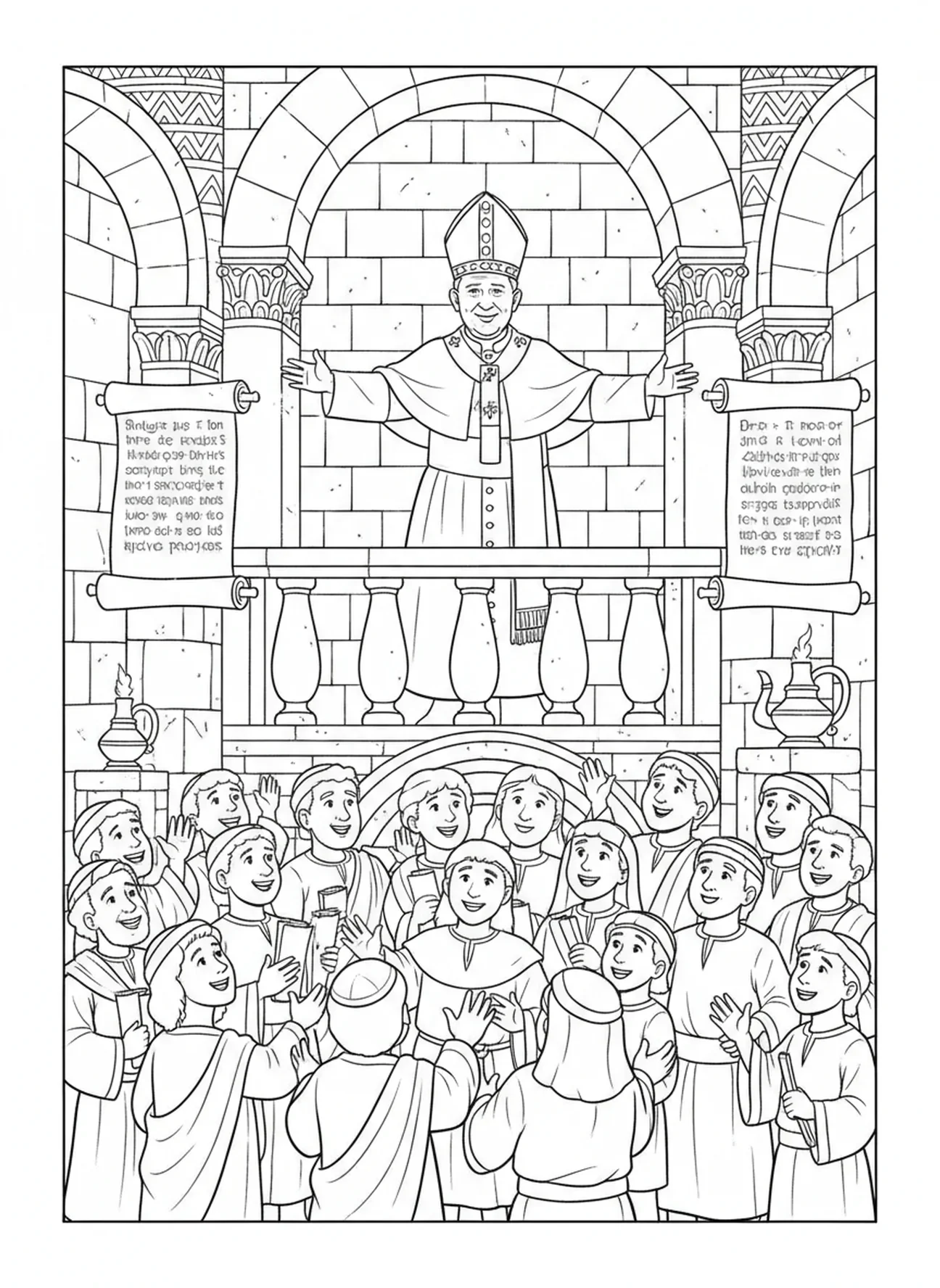 Le Pape Jean-Paul II donnant une bénédiction depuis un balcon, page à colorier de Saint Jean-Paul II pour les enfants de l'École du dimanche âgés de 5 à 12 ans.