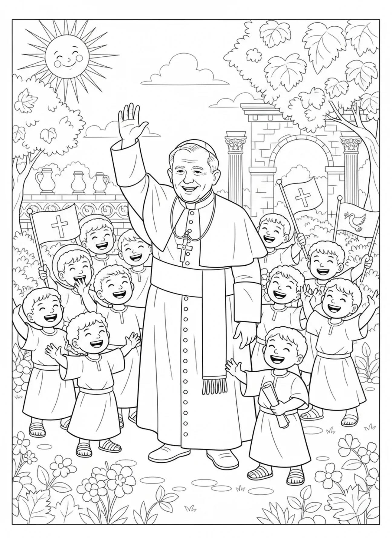 Le Pape Jean-Paul II souriant et saluant des enfants, page à colorier de Saint Jean-Paul II pour l'École du dimanche, enfants de 5 à 12 ans.