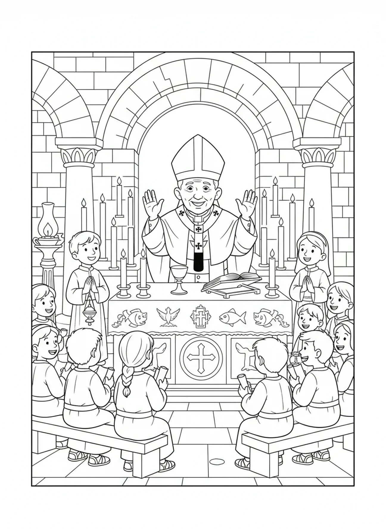 Le Pape Jean-Paul II célébrant la messe avec des servants de messe, page à colorier de Saint Jean-Paul II pour les enfants de catéchisme âgés de 5 à 12 ans.