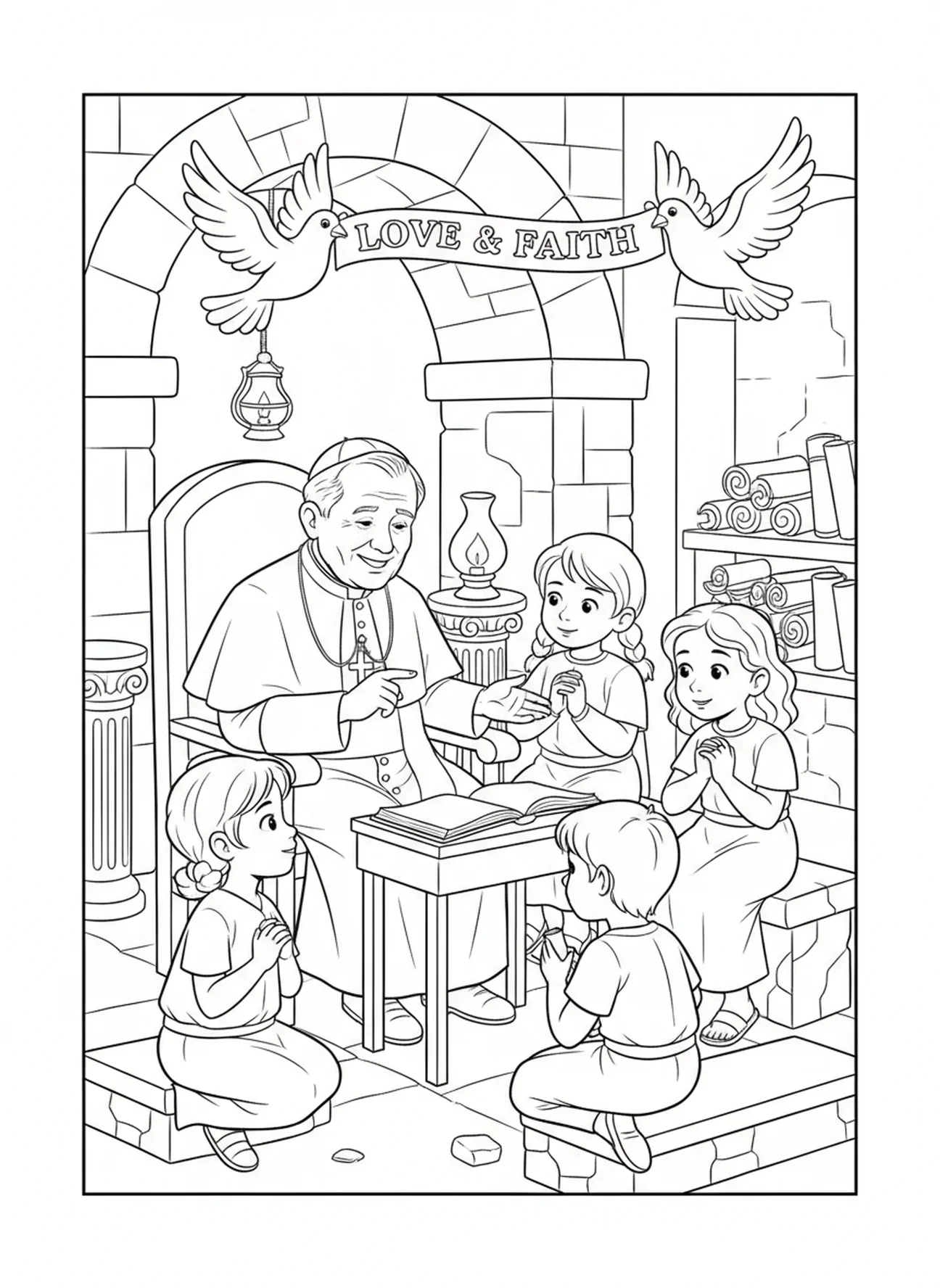 Le Pape Jean-Paul II enseignant aux jeunes sur la foi, page à colorier de Saint Jean-Paul II pour les enfants de catéchisme âgés de 5 à 12 ans.