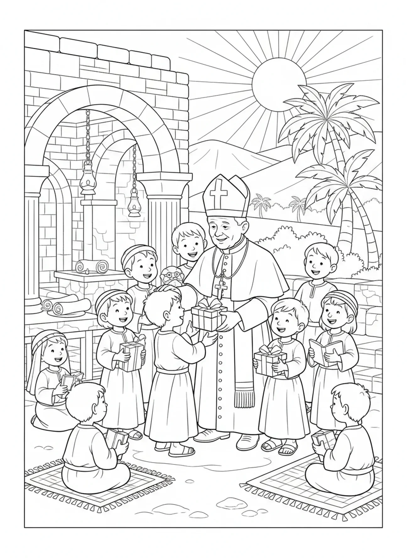 Le Pape Jean-Paul II rendant visite à des orphelins avec des cadeaux, page à colorier de Saint Jean-Paul II pour les enfants de l'École du dimanche âgés de 5 à 12 ans.