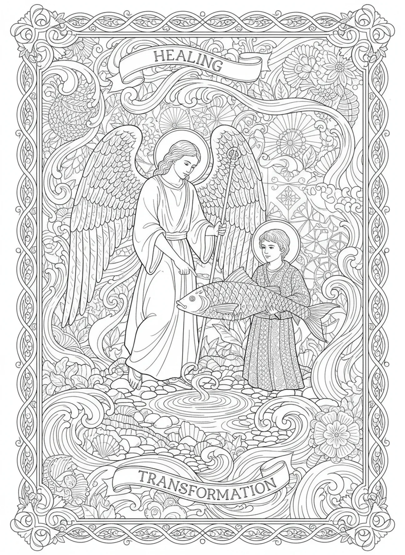 Pez sanador con el ángel Rafael, página para colorear de San Rafael estilo journaling bíblico para adultos