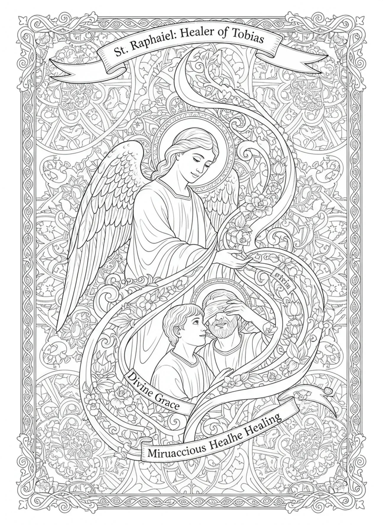 Escena de sanación milagrosa, página para colorear de San Rafael en estilo de journaling bíblico para adultos