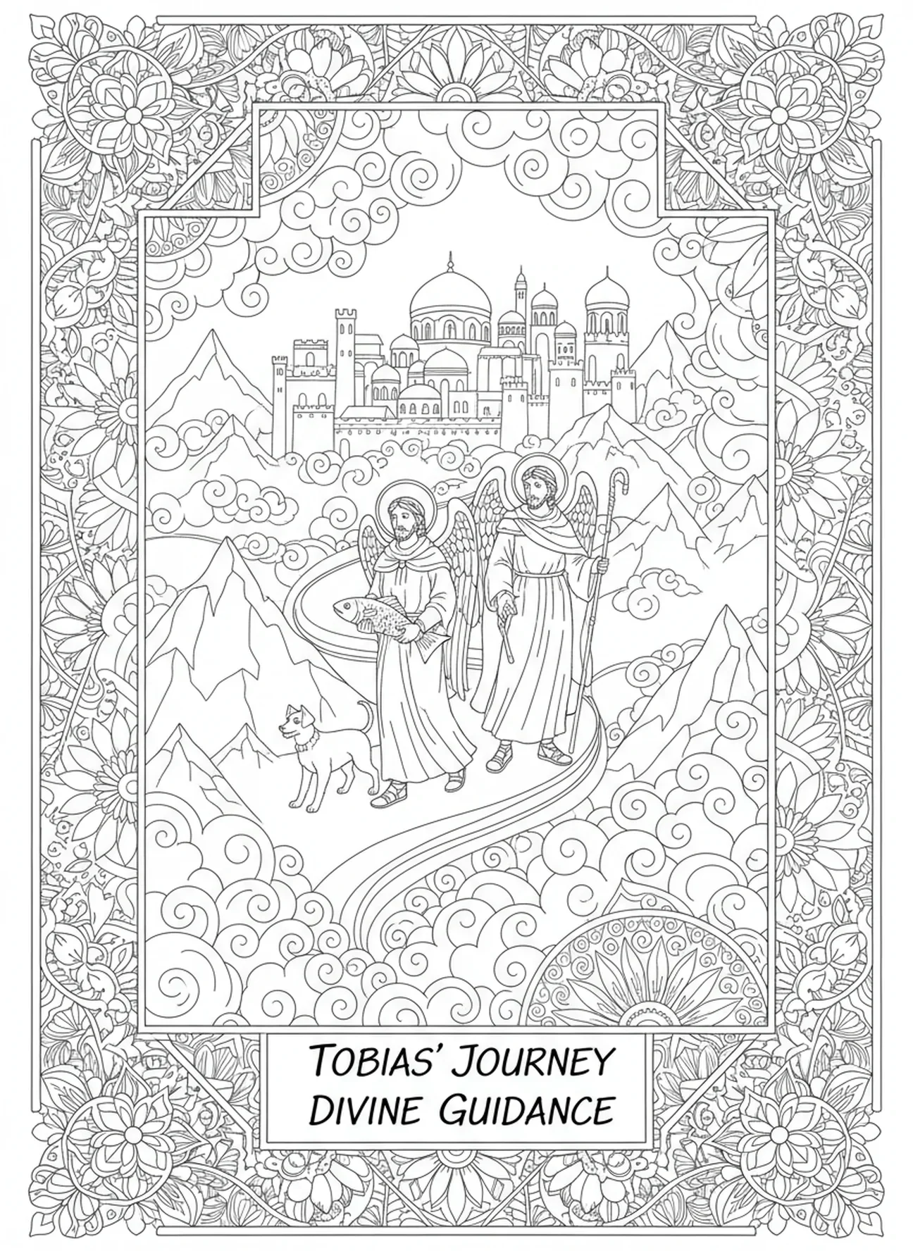 Tobías con el ángel Rafael, página para colorear de San Rafael estilo journaling bíblico para adultos