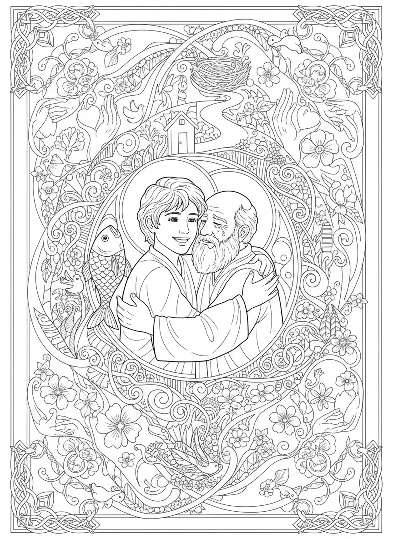 Tobías reuniéndose con su padre, página para colorear de San Rafael en estilo de journaling bíblico para adultos