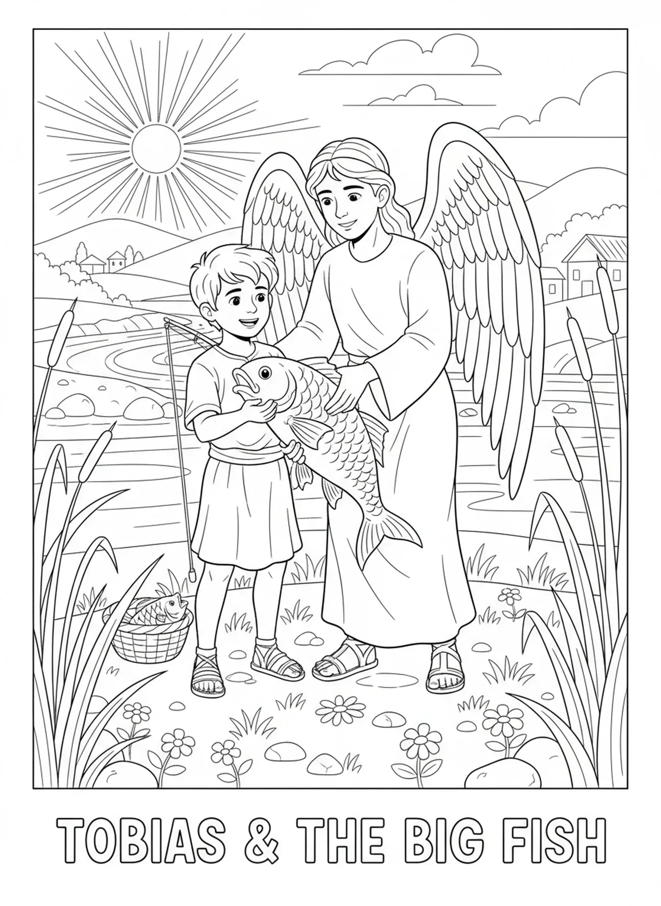 Tobias pegando um peixe com São Rafael, página para colorir de São Rafael para crianças de 5 a 10 anos