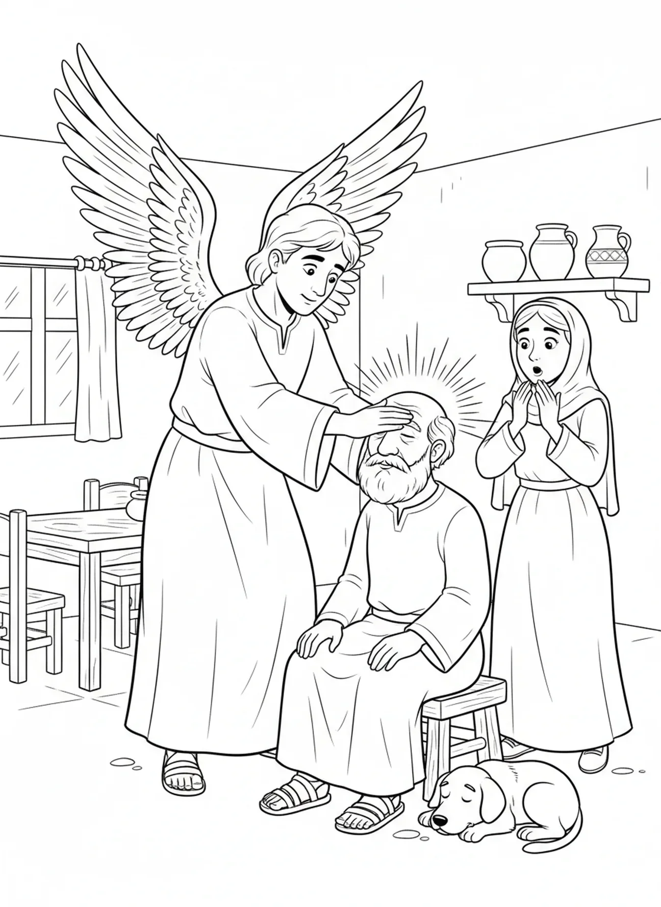 São Rafael curando os olhos de Tobias, página para colorir de São Rafael para crianças de 5 a 10 anos