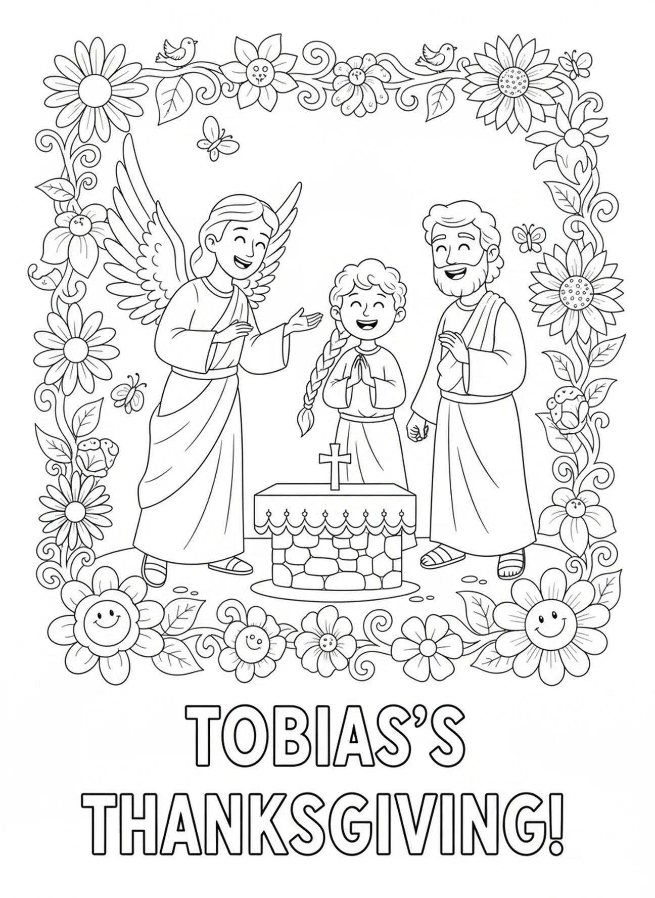Tobias e sua família agradecendo a Deus, página para colorir de São Rafael para crianças de 5 a 10 anos