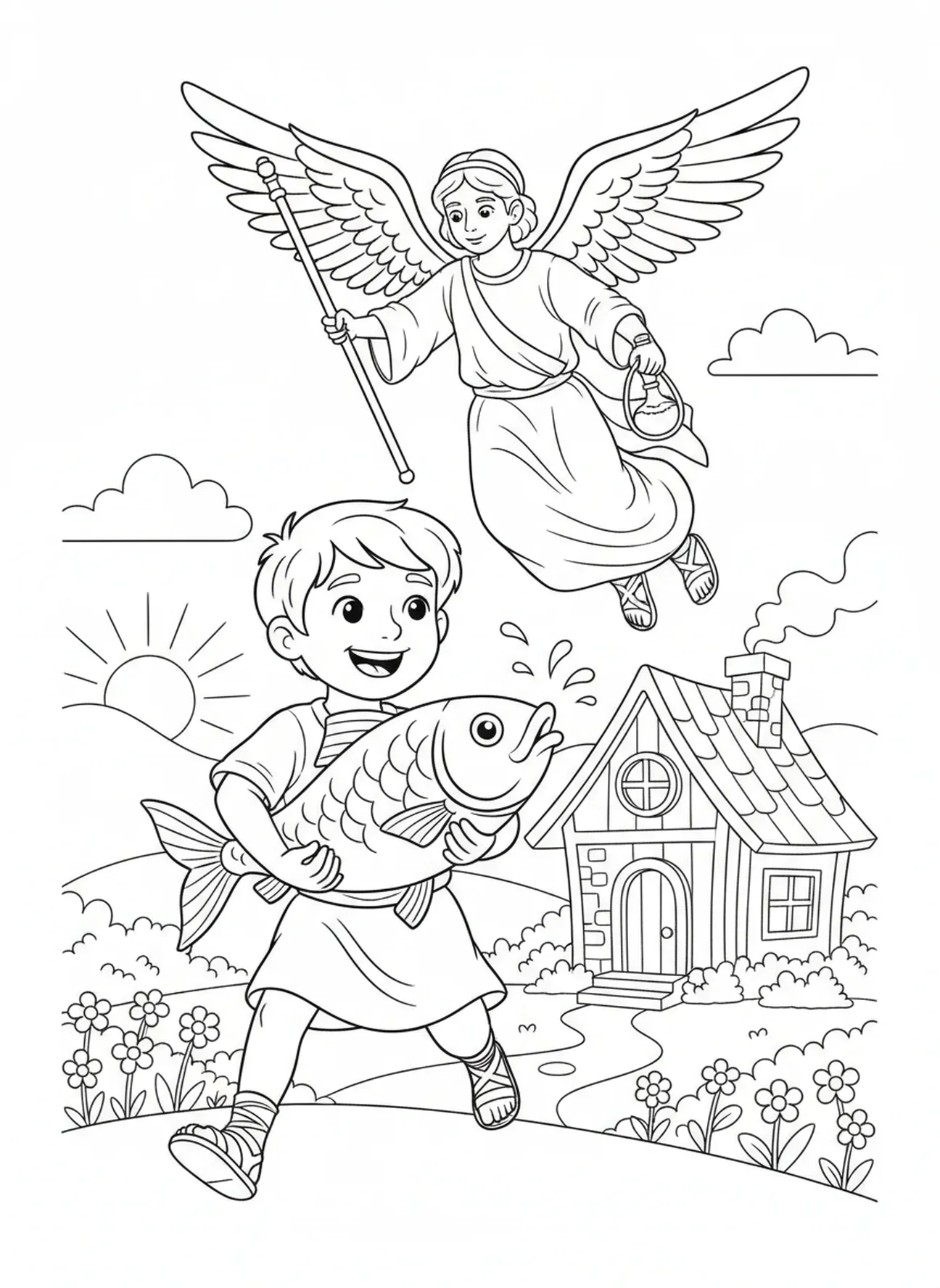 Tobias voltando para casa com alegria junto com São Rafael, página de colorir de São Rafael para crianças de 5 a 10 anos