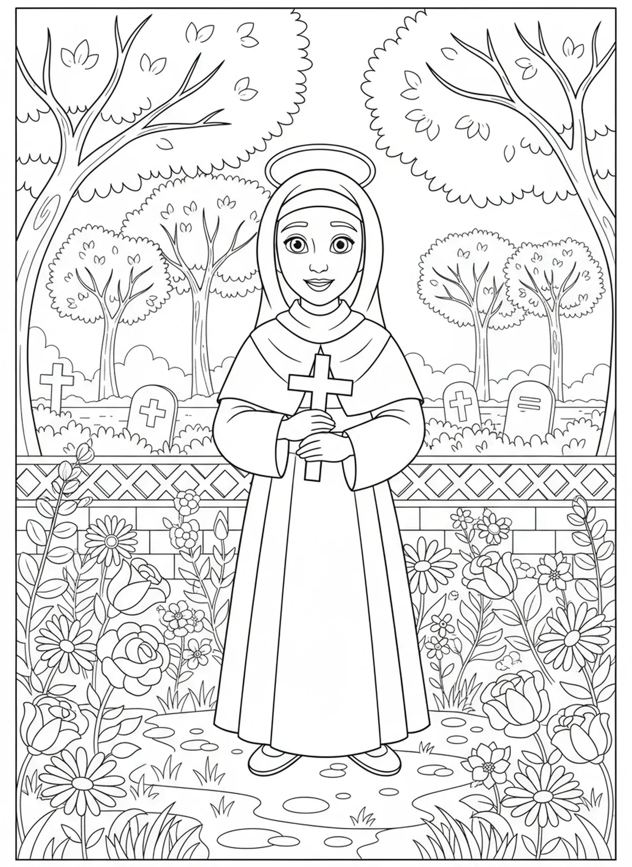Die heilige Rita im Friedhofsgarten, Ausmalbild der heiligen Rita von Cascia für Kinder im Alter von 5-10 Jahren