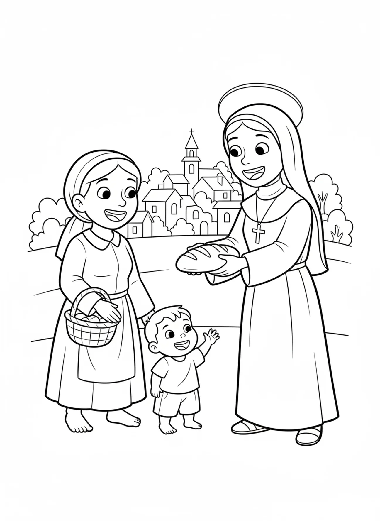 Die heilige Rita hilft den Armen, Ausmalbild der heiligen Rita von Cascia für Kinder im Alter von 5-10 Jahren