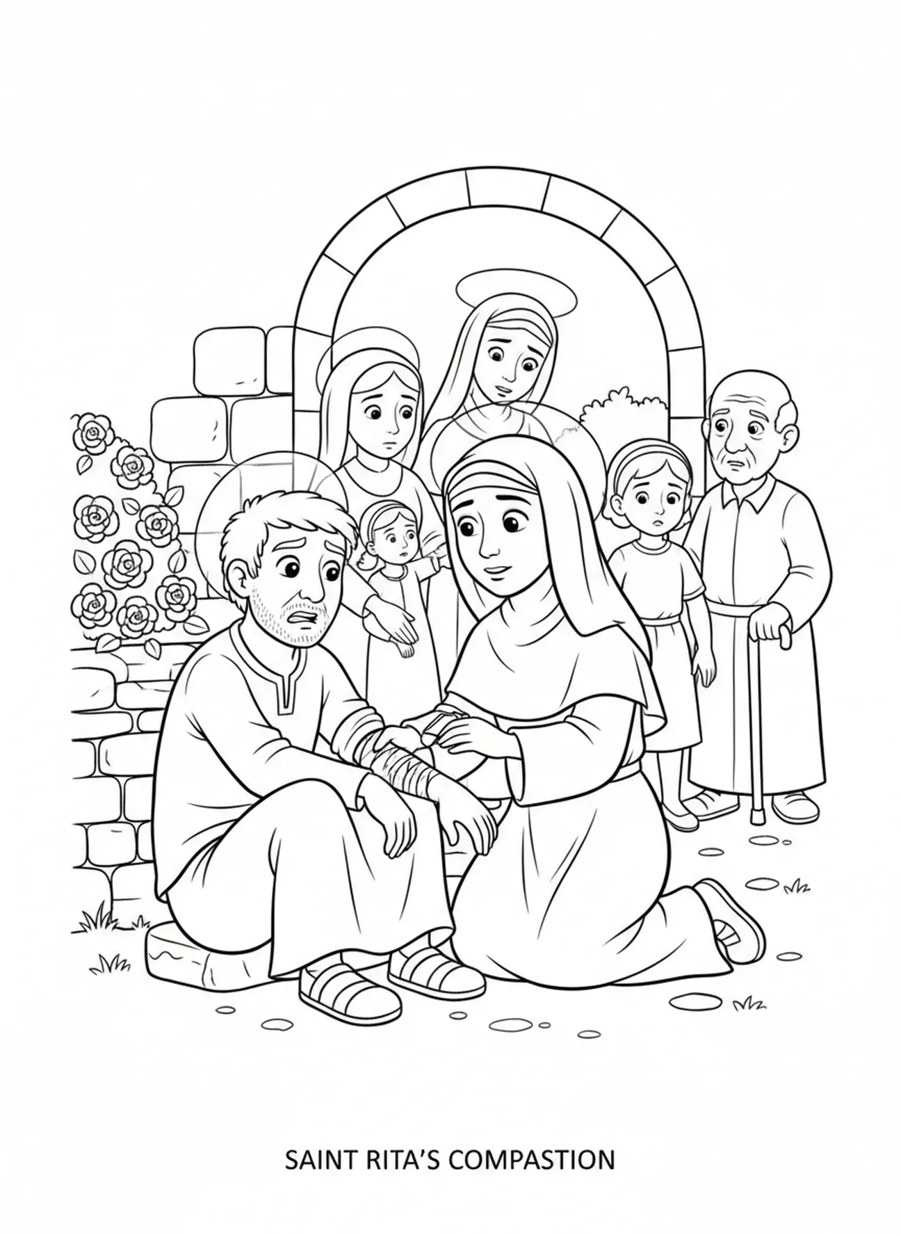 Die heilige Rita, die Nächstenliebe übt, Ausmalbild für Kinder im Alter von 5-10 Jahren