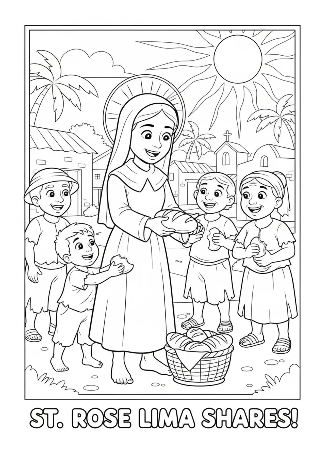 Santa Rosa de Lima dando pan, página para colorear de Santa Rosa de Lima para niños de 5 a 10 años