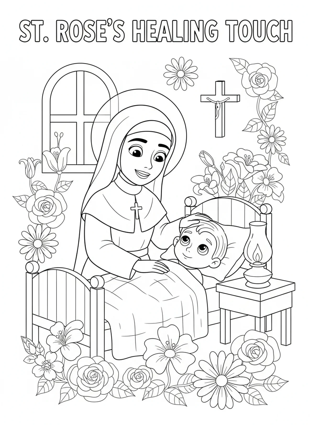Santa Rosa de Lima cuidando a un niño enfermo, página para colorear de Santa Rosa de Lima para niños de 5 a 10 años