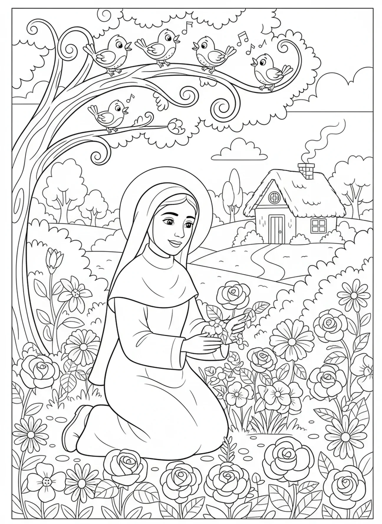 Santa Rosa de Lima en su jardín, página para colorear de Santa Rosa de Lima para niños de 5 a 10 años