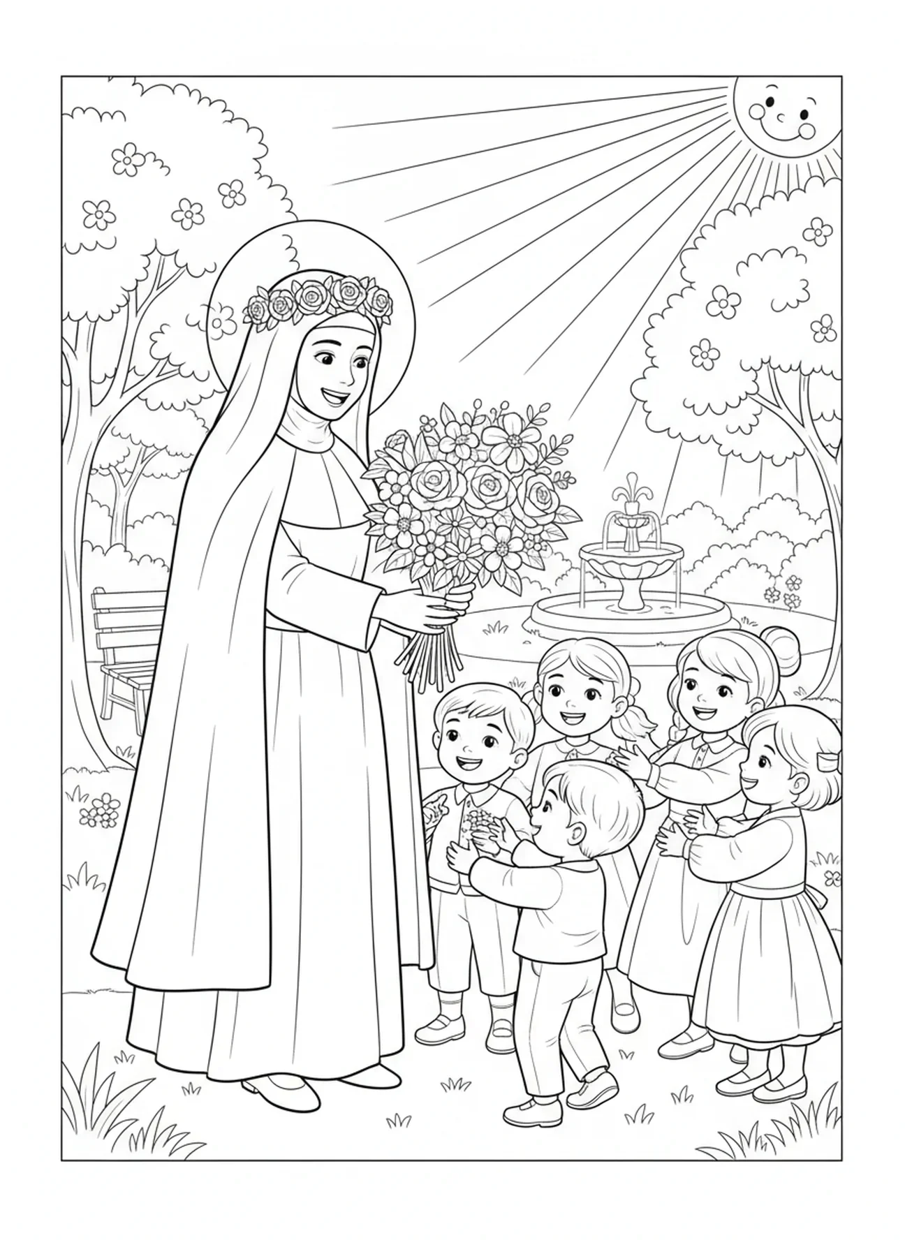 Santa Rosa de Lima compartiendo flores, página para colorear de Santa Rosa de Lima para niños de 5 a 10 años
