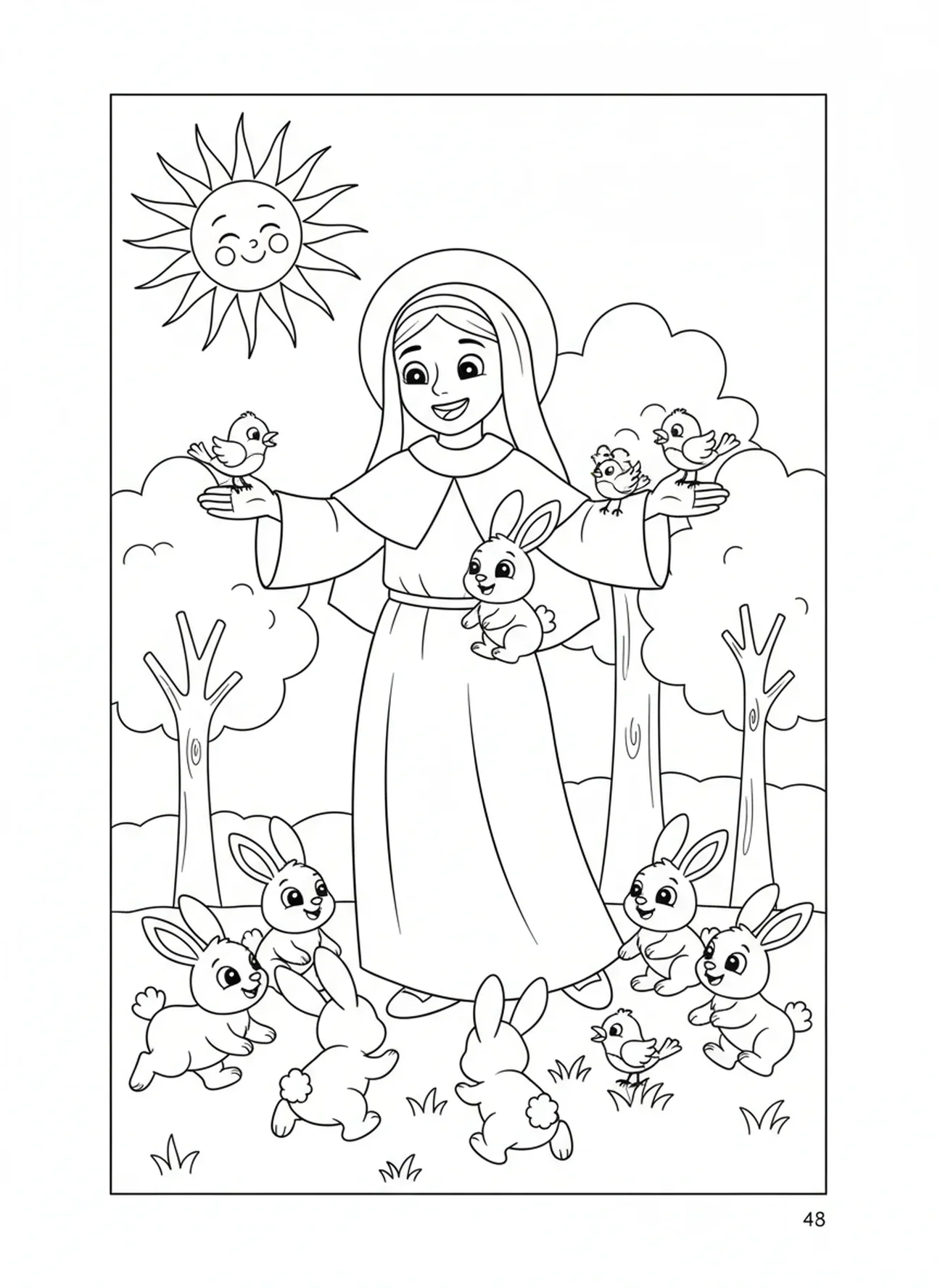 Santa Rosa de Lima jugando con animales, página para colorear de Santa Rosa de Lima para niños de 5 a 10 años