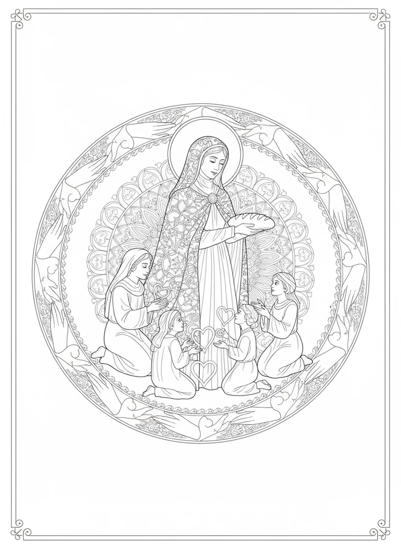 Santa Rosa de Lima ayudando a los necesitados, página para colorear de Santa Rosa de Lima en estilo de journaling bíblico para adultos