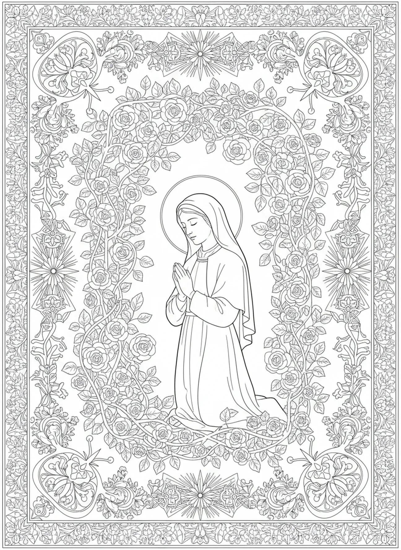 Santa Rosa de Lima orando, página para colorear de Santa Rosa de Lima estilo Biblia para adultos