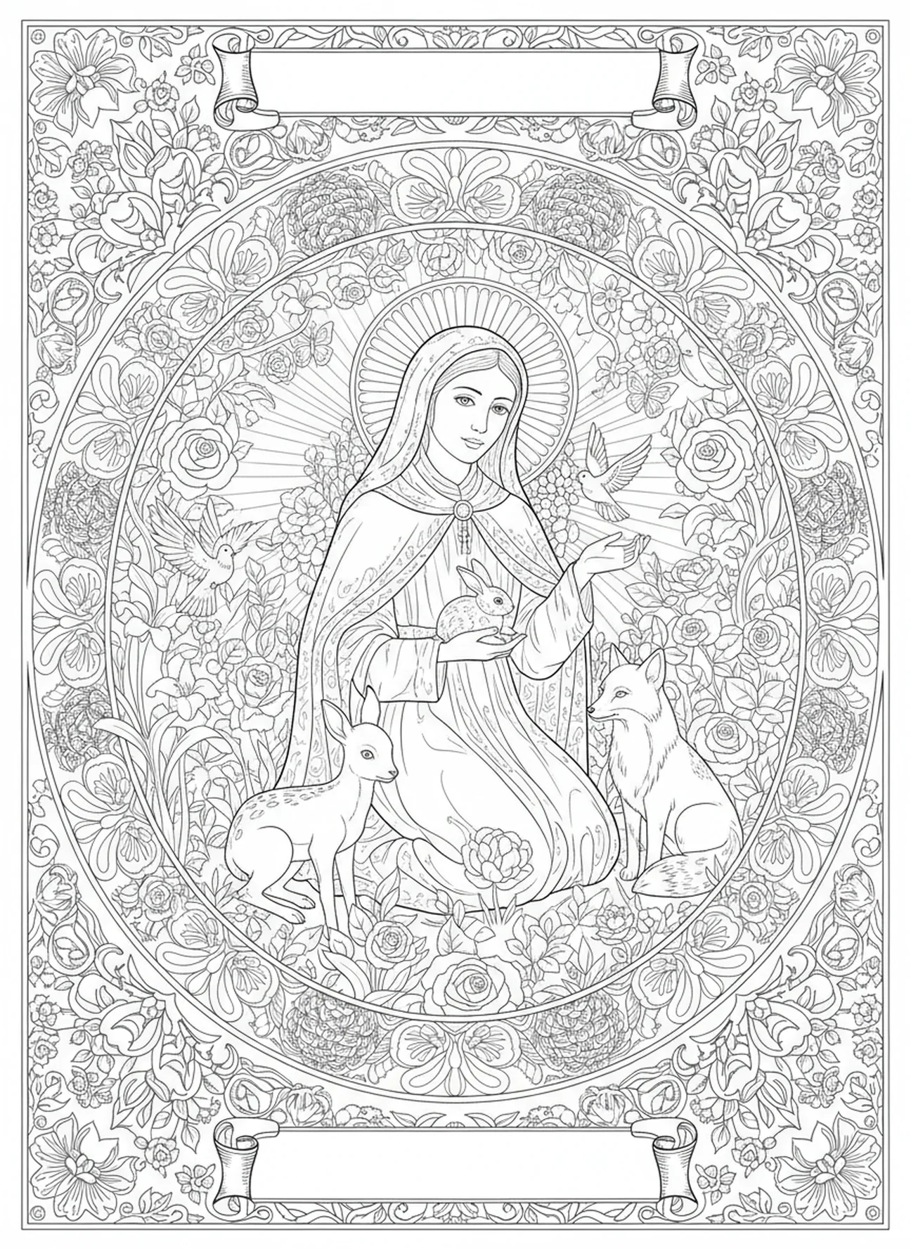 Santa Rosa de Lima con animales, página para colorear de Santa Rosa de Lima para adultos en estilo de journaling bíblico
