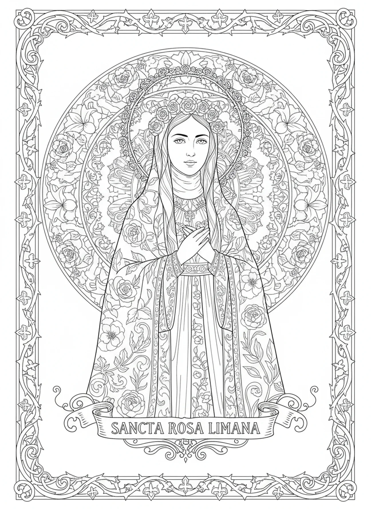 Santa Rosa de Lima con corona, página para colorear de Santa Rosa de Lima estilo journaling bíblico para adultos