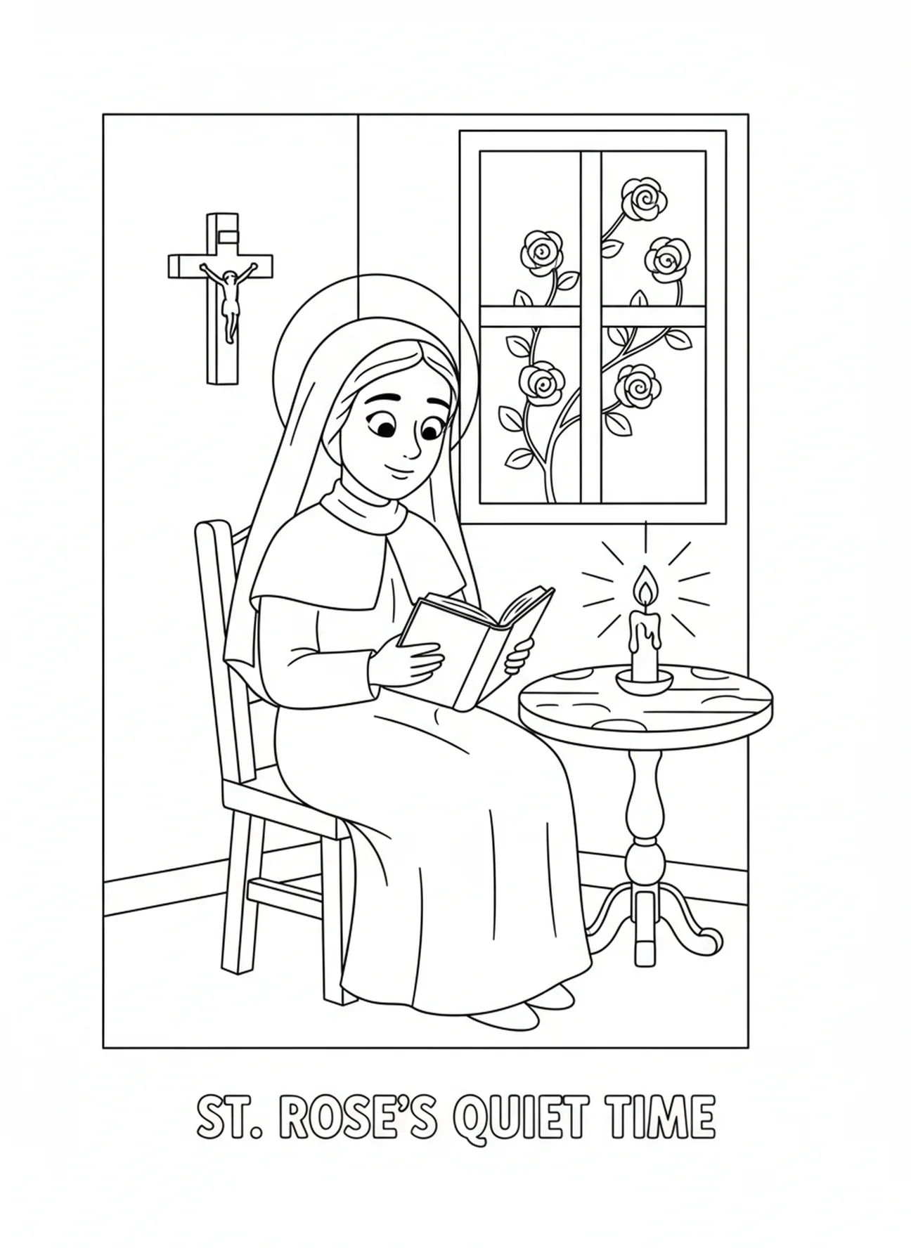 Santa Rosa lendo um livro em seu quarto, página de colorir de Santa Rosa de Lima para crianças de 5 a 10 anos