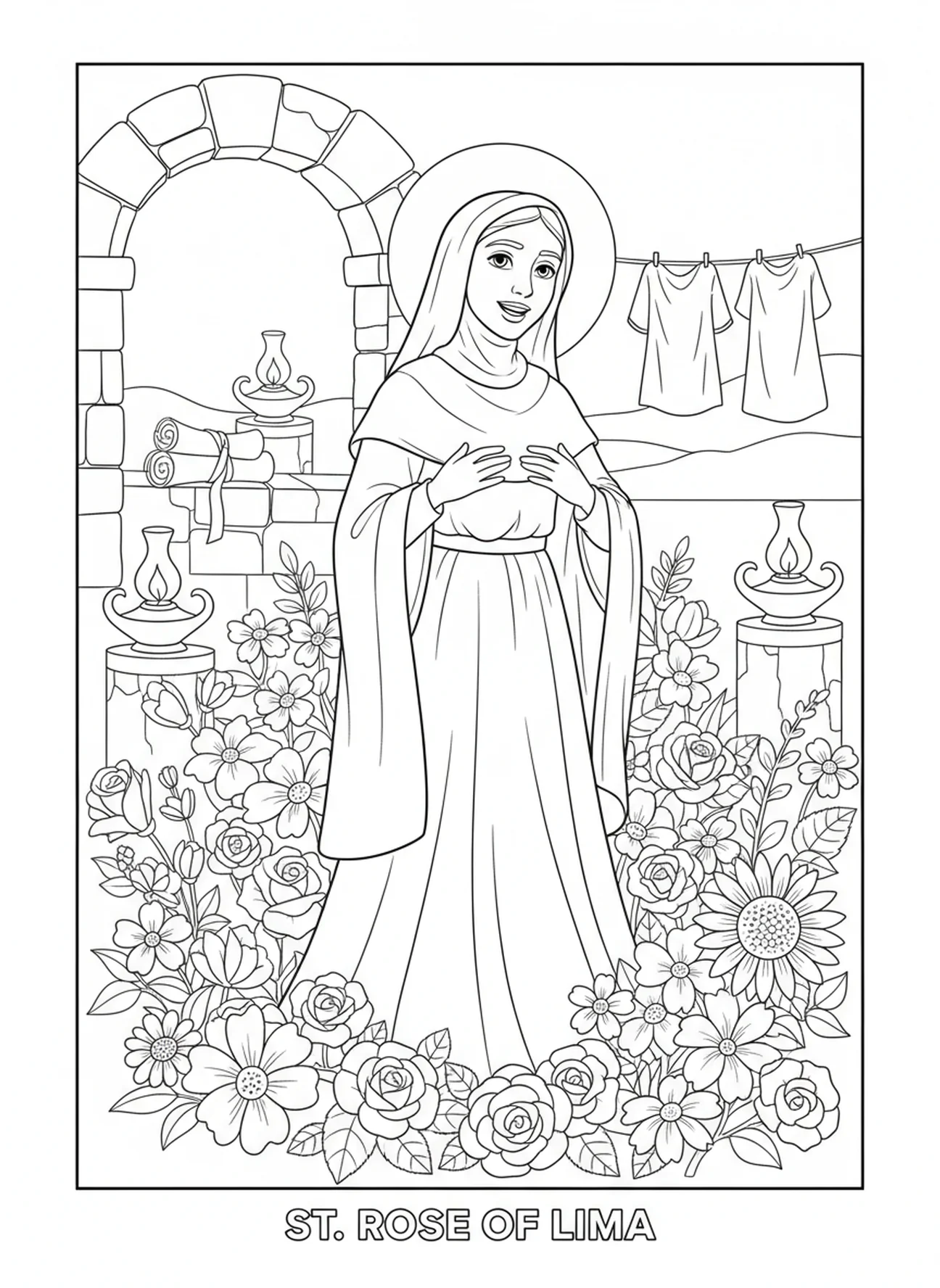 Santa Rosa de Lima com flores em flor, página de colorir de Santa Rosa de Lima para crianças da Escola Dominical de 5 a 12 anos.