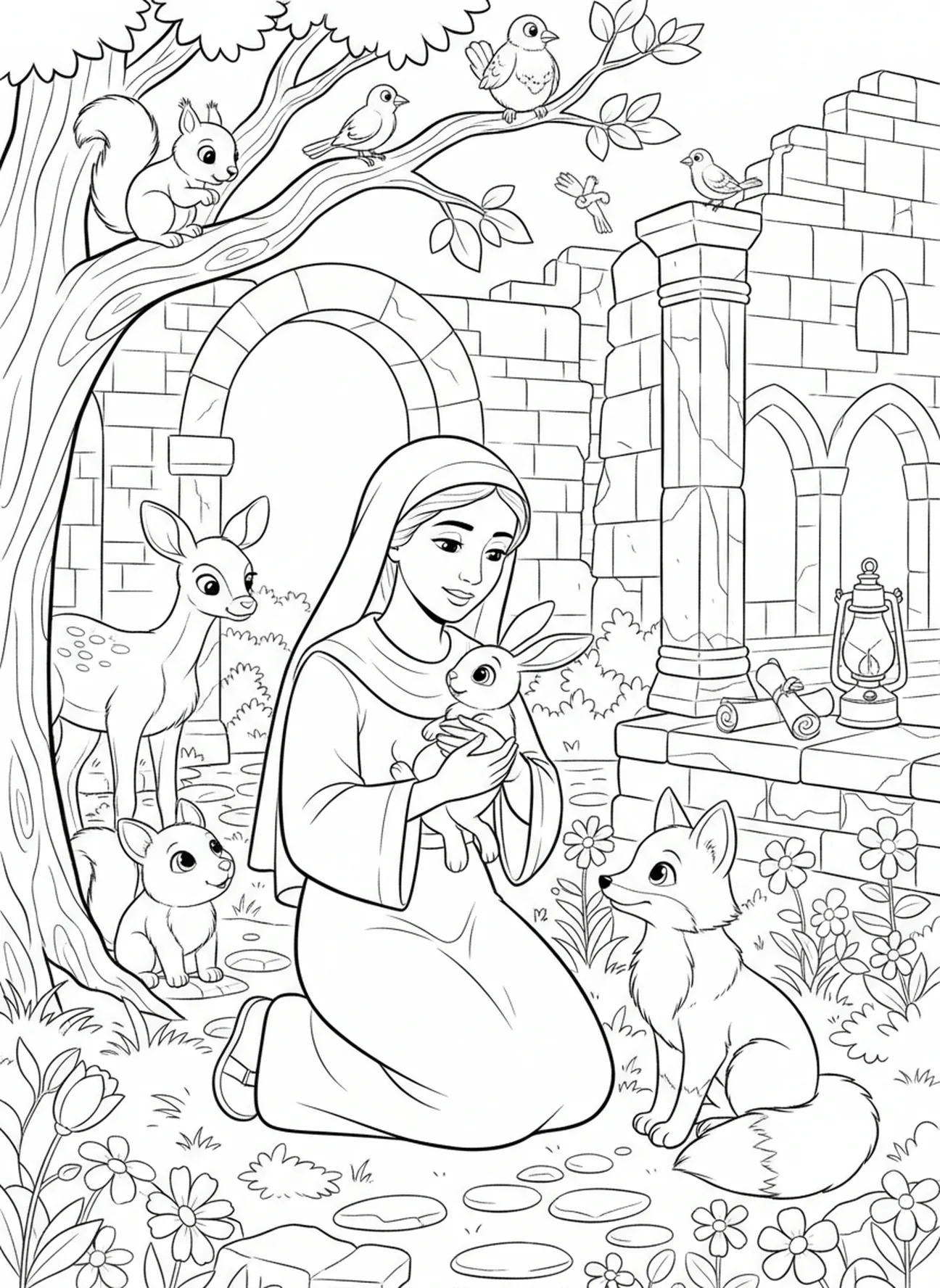 Santa Rosa de Lima cuidando de animais, página para colorir da Santa Rosa de Lima para crianças da Escola Dominical de 5 a 12 anos.