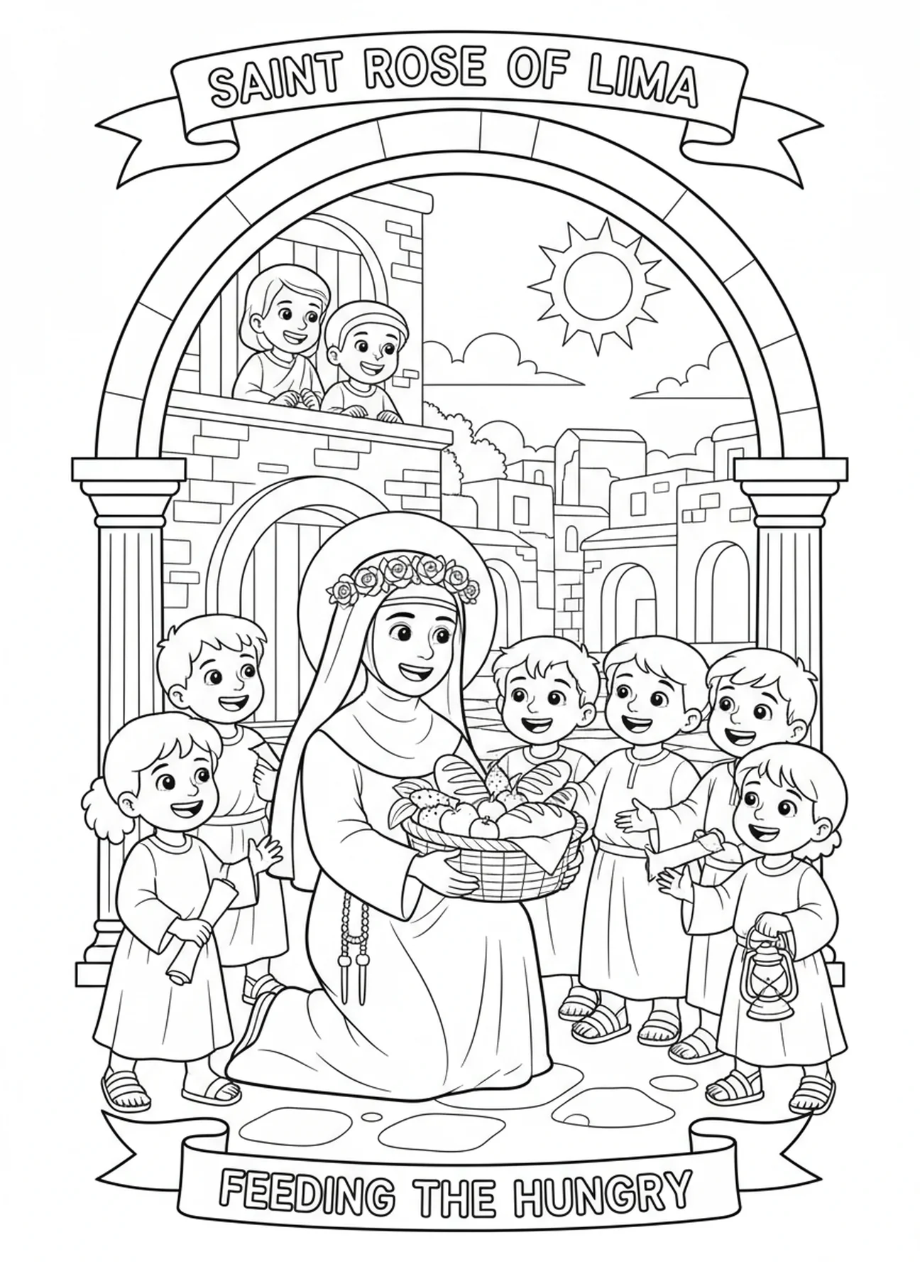 Santa Rosa de Lima dando comida para crianças, página de colorir da Santa Rosa de Lima para crianças da Escola Dominical de 5 a 12 anos.