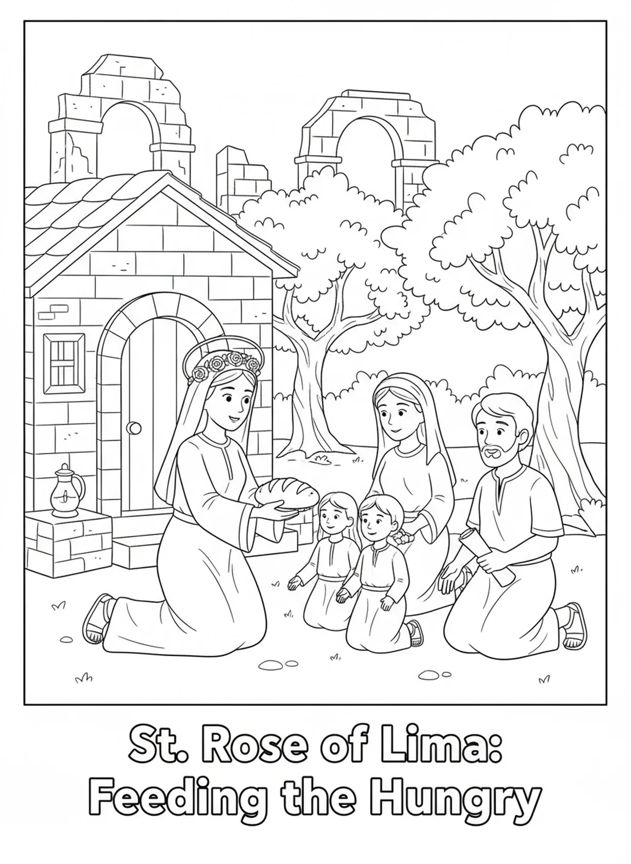 Santa Rosa de Lima dando pão aos pobres, página para colorir de Santa Rosa de Lima para crianças da Escola Dominical de 5 a 12 anos.