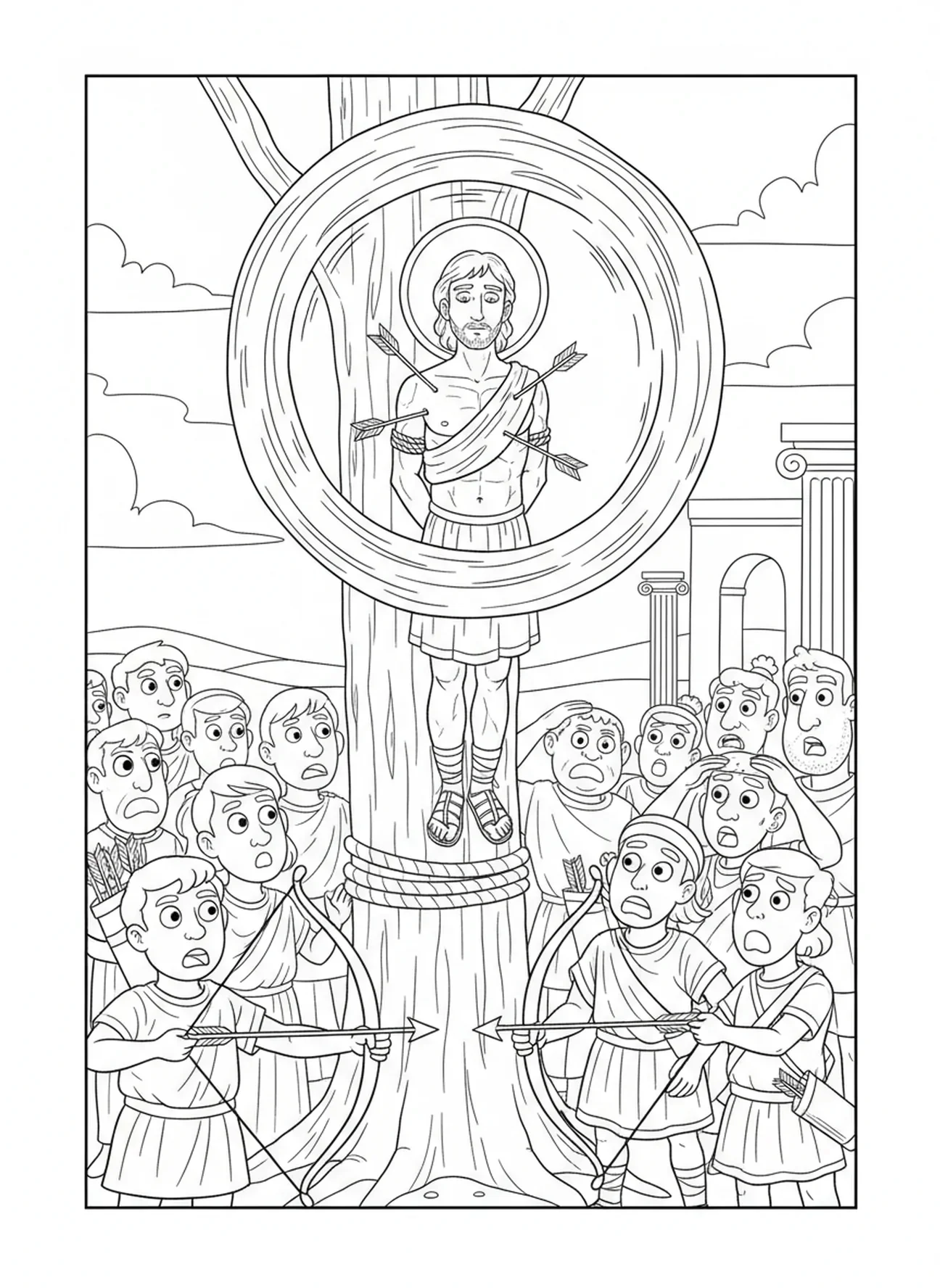 Göttliches Licht um St. Sebastian, Ausmalbild von St. Sebastian für Kinder im Alter von 5-10 Jahren.