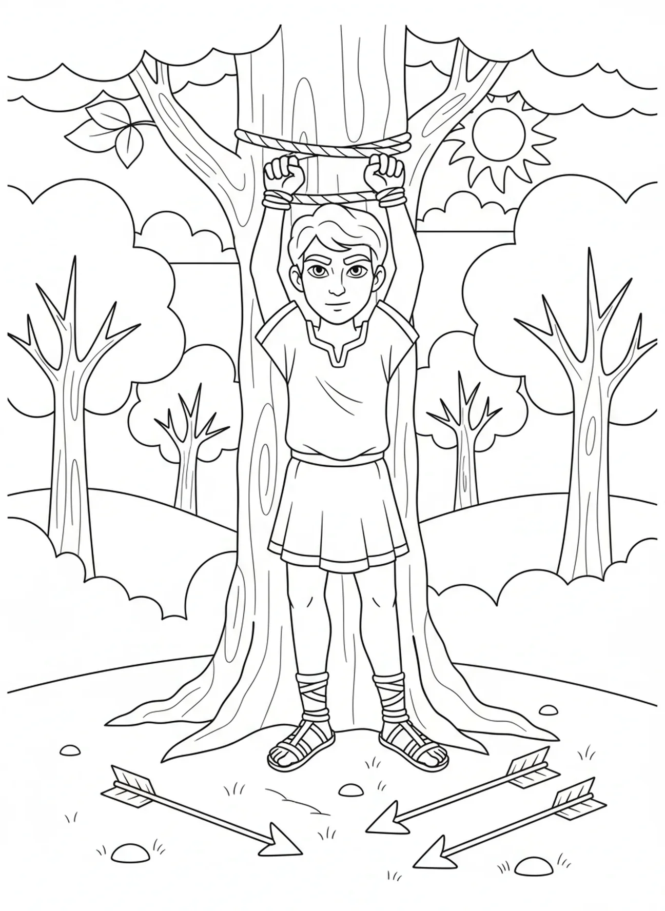 Der heilige Sebastian an einen Baum gebunden, Ausmalbild für Kinder im Alter von 5-10 Jahren.