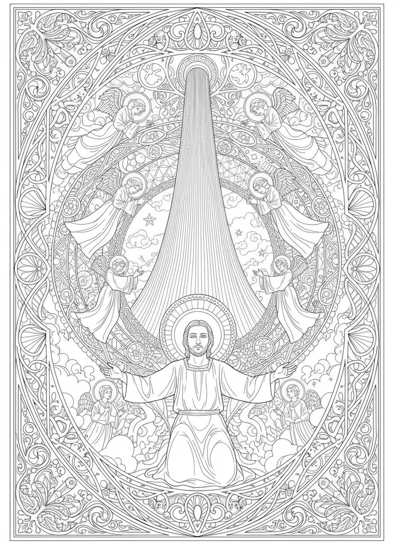 Luz celestial y ángeles rodeando a San Esteban, página para colorear de San Esteban Primer Mártir en estilo de journaling bíblico para adultos