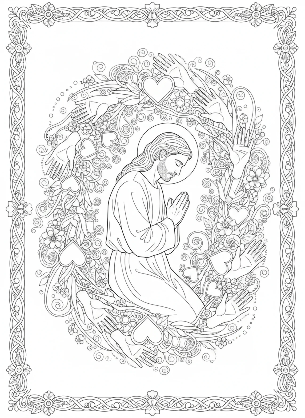 San Esteban arrodillado en oración con manos y corazones, página para colorear de San Esteban Primer Mártir en estilo de journaling bíblico para adultos