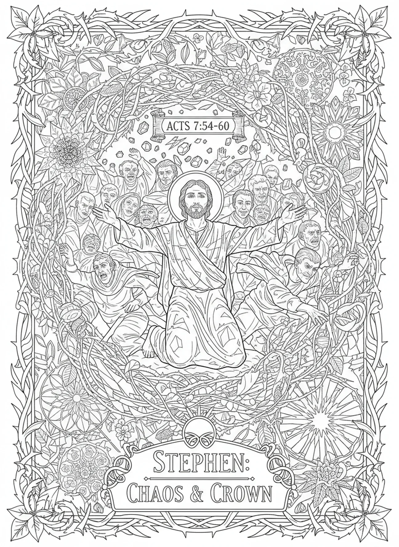 Figuras enojadas lanzando piedras a San Esteban, página para colorear de San Esteban Primer Mártir en estilo de journaling bíblico para adultos