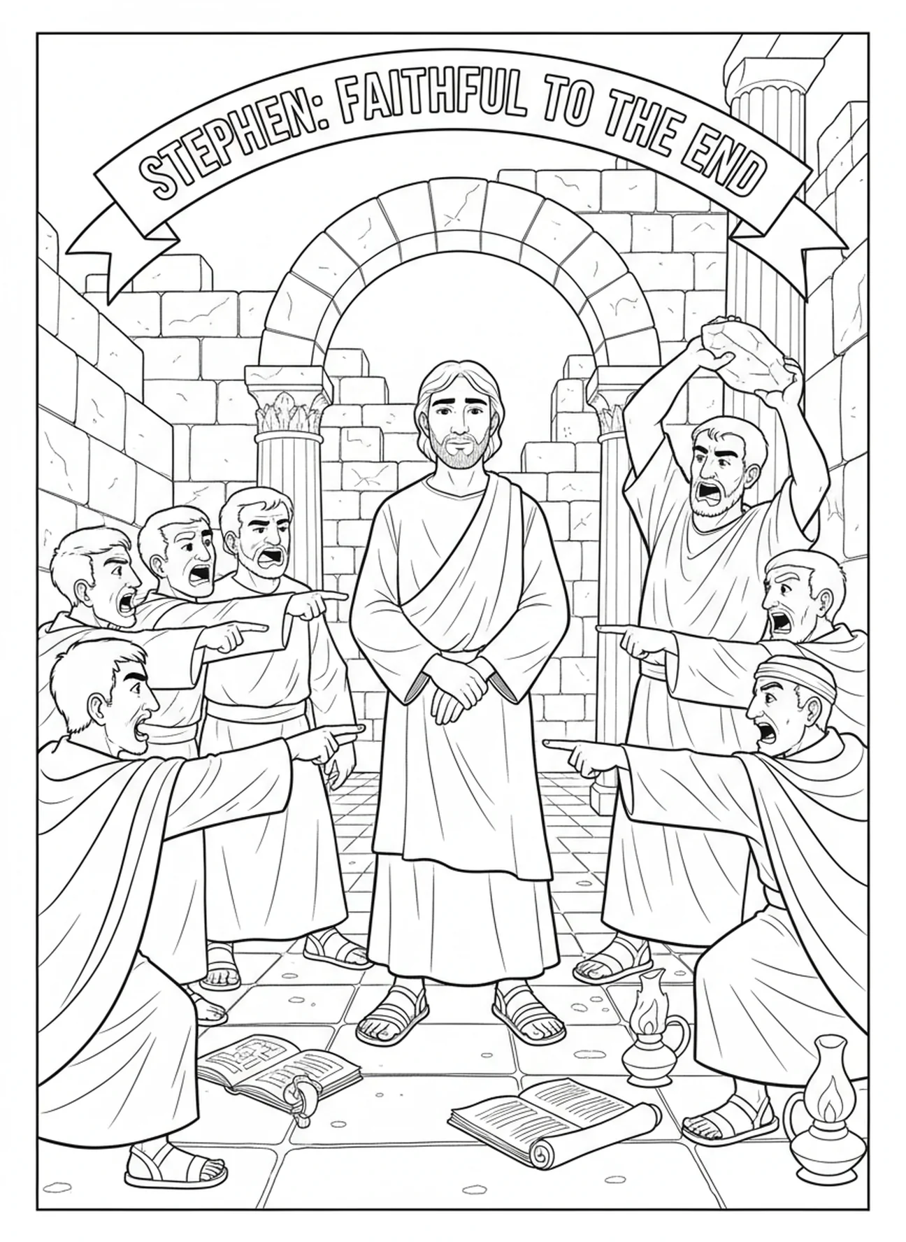 Accusateurs pointant vers Étienne, page à colorier de Saint Étienne Premier Martyr pour les enfants de l'École du dimanche âgés de 5 à 12 ans