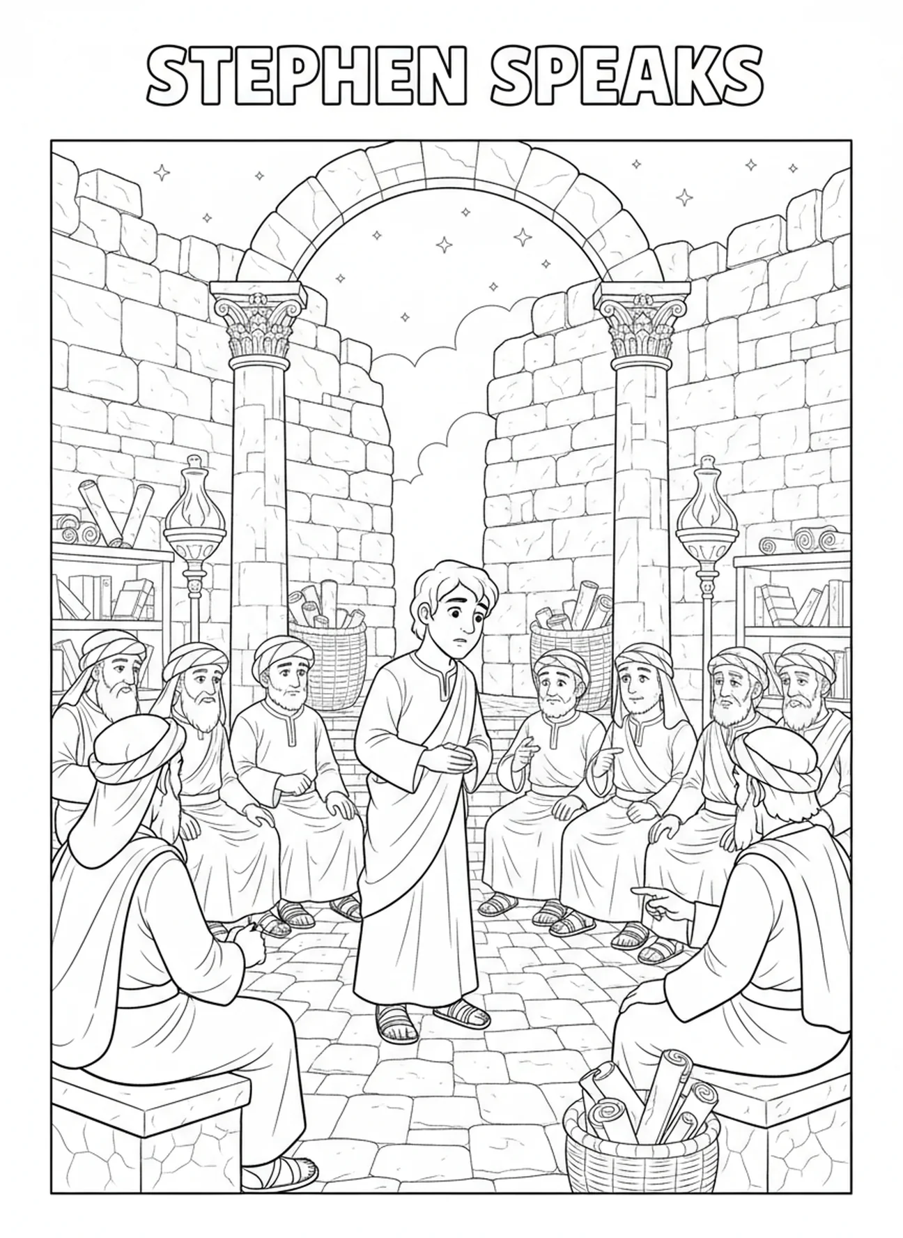 Étienne devant le conseil, page à colorier de Saint Étienne Premier Martyr pour les enfants de l'École du dimanche âgés de 5 à 12 ans